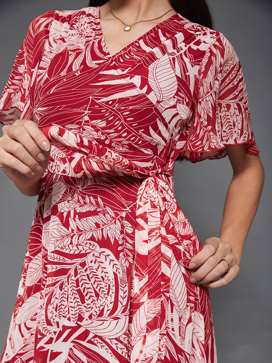 Women's Multicolored Base Maroon V-Neck Flared-Sleeve Floral Wrap Maxi Dress