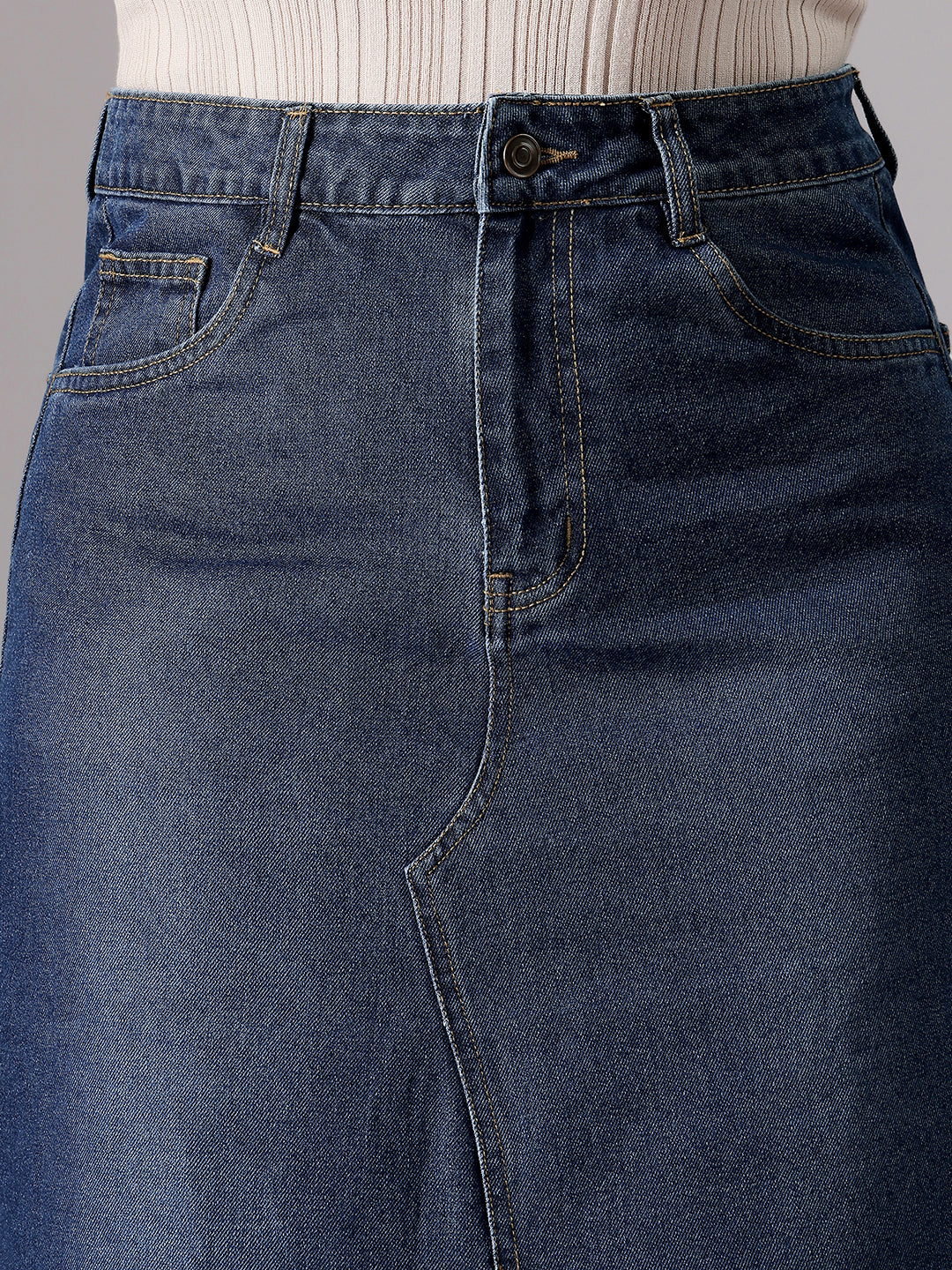 Women's Dark Blue A-Line High-Rise Clean-Look Non-stretchable Denim Midi Skirt