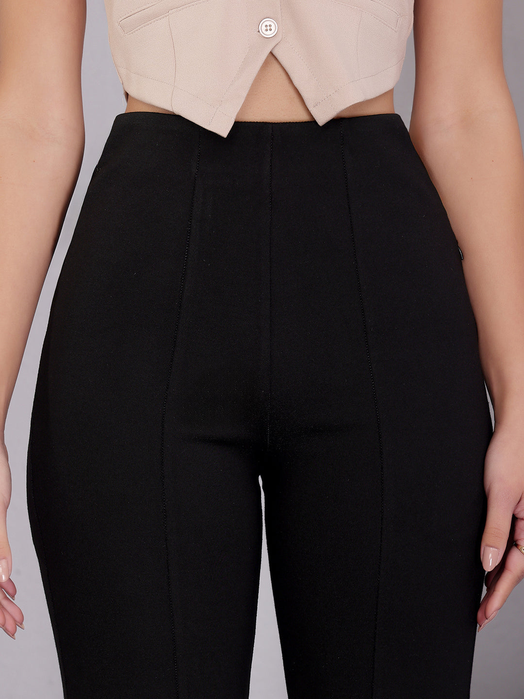 Women's Black Solid Panelled Regular Rayon Trouser
