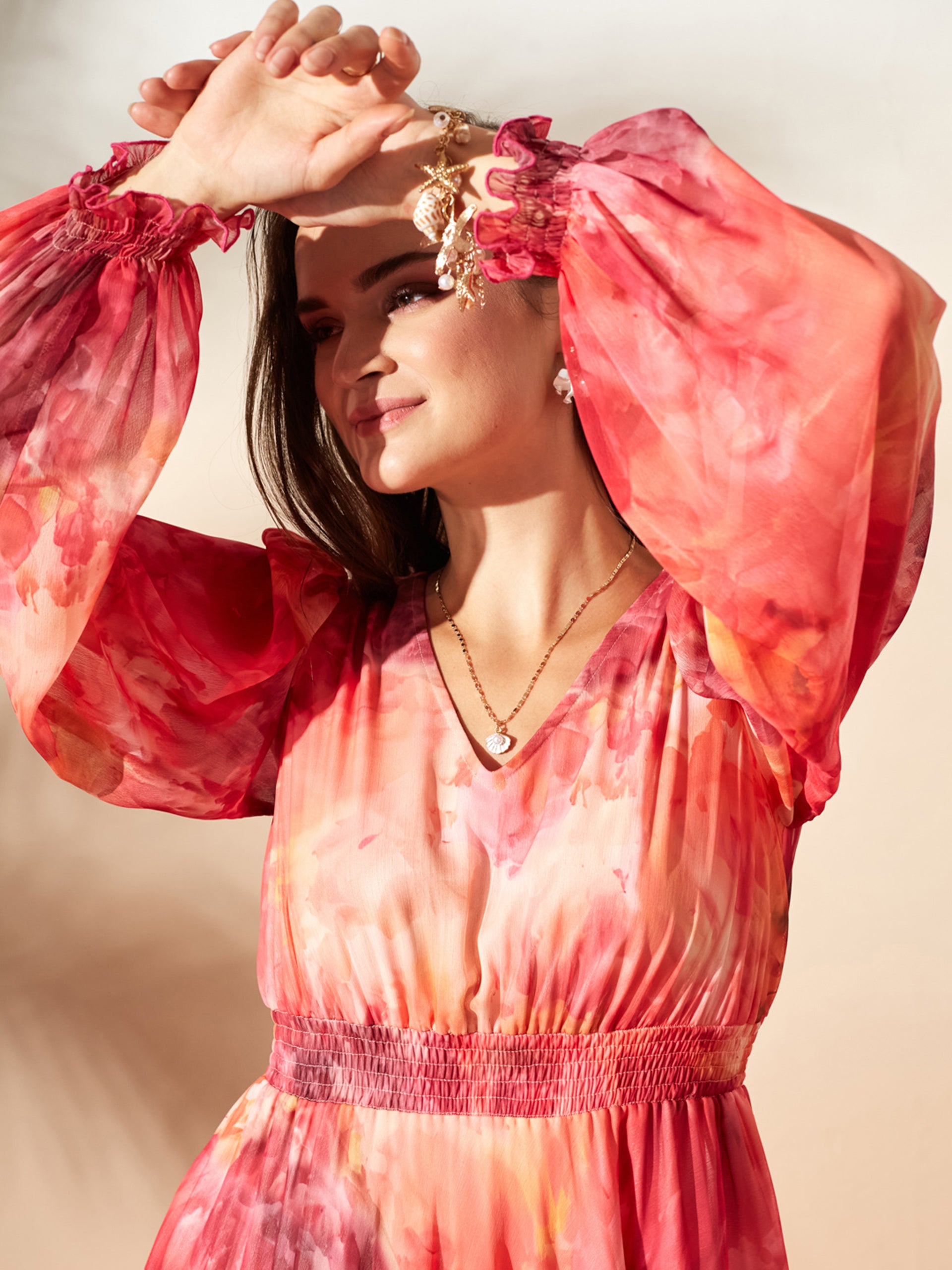 Orange Full Sleeves Floral Printed Fit and Flare Dress for Women