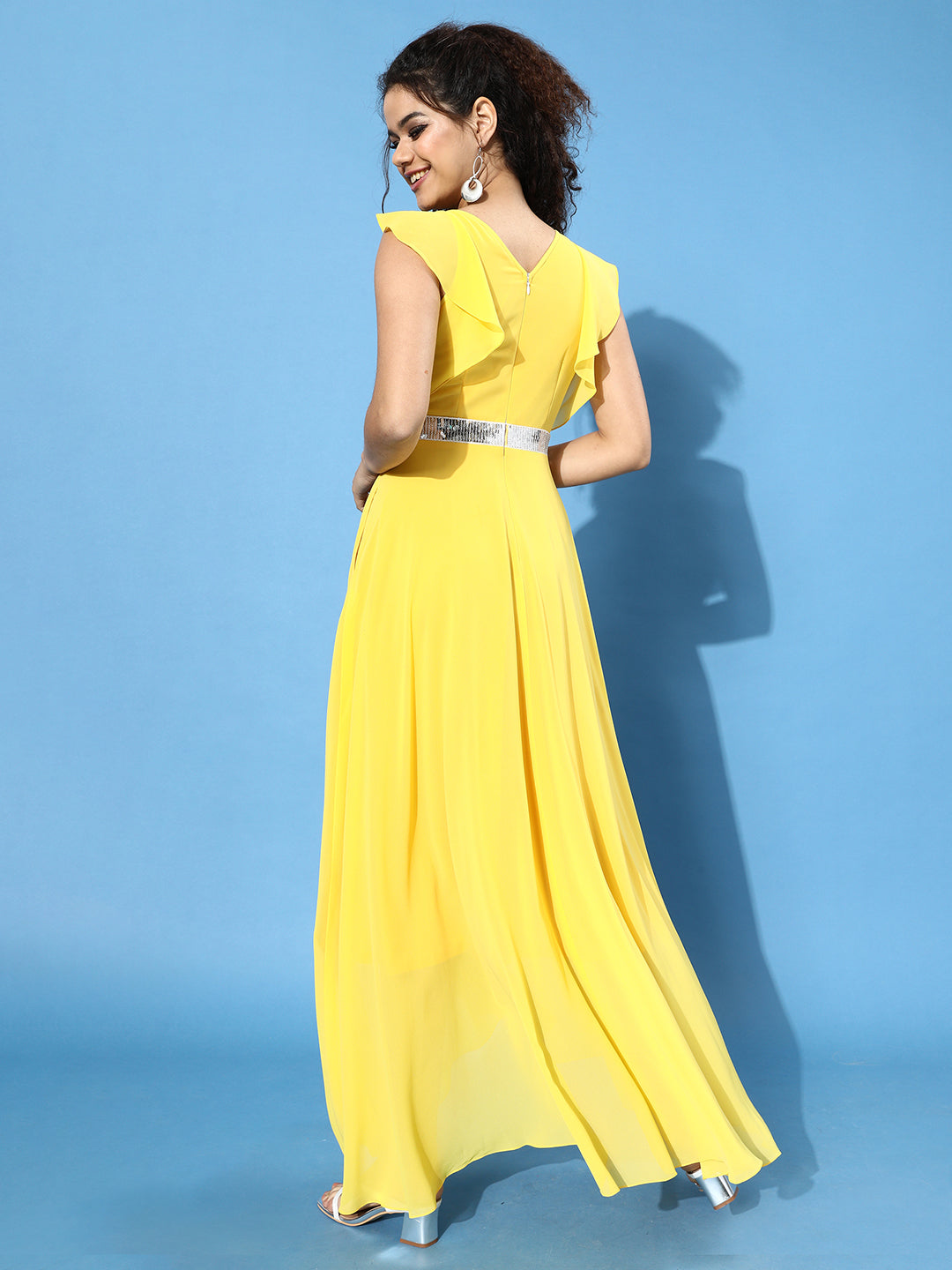 Women's Yellow V-Neck Ruffled Sleeve Silver Sequined Party Maxi Dress