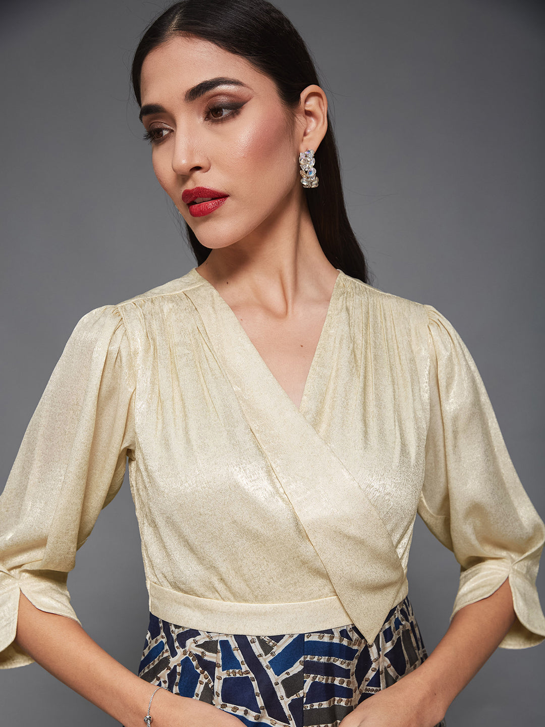 Cream Asymmetric Shawl-Collar 3/4 Sleeve Geometric Regular Jumpsuit for Women