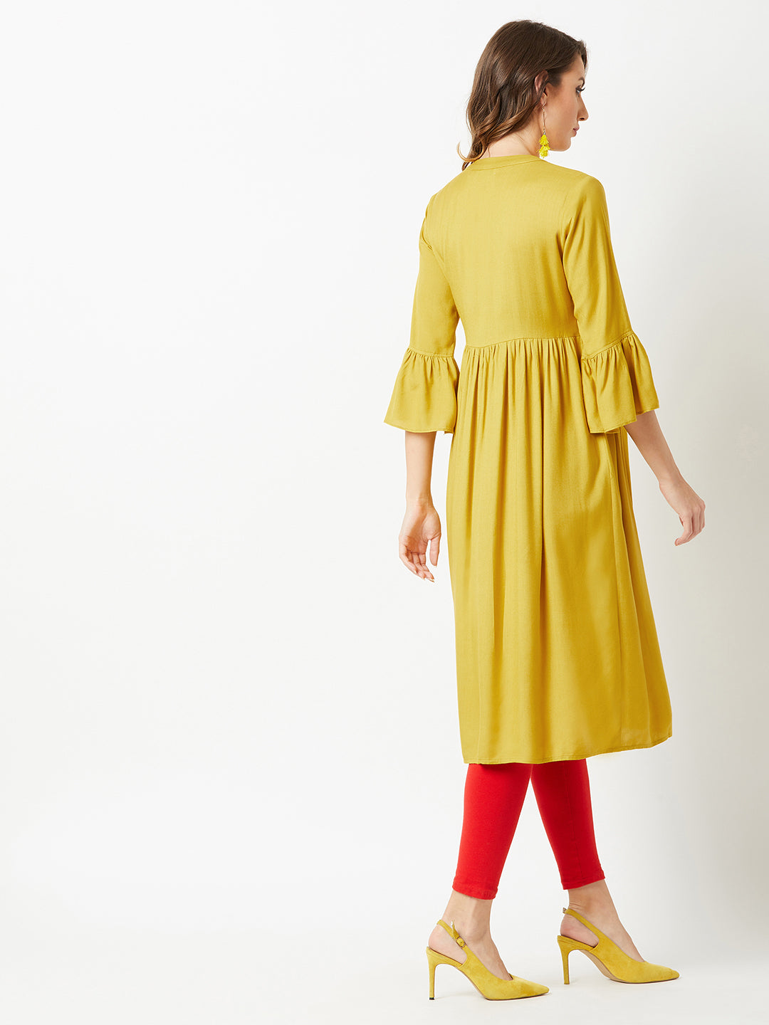 Women's Mustard Round Neck 3/4th Sleeve Solid Embroidered Gathered Midi Dress