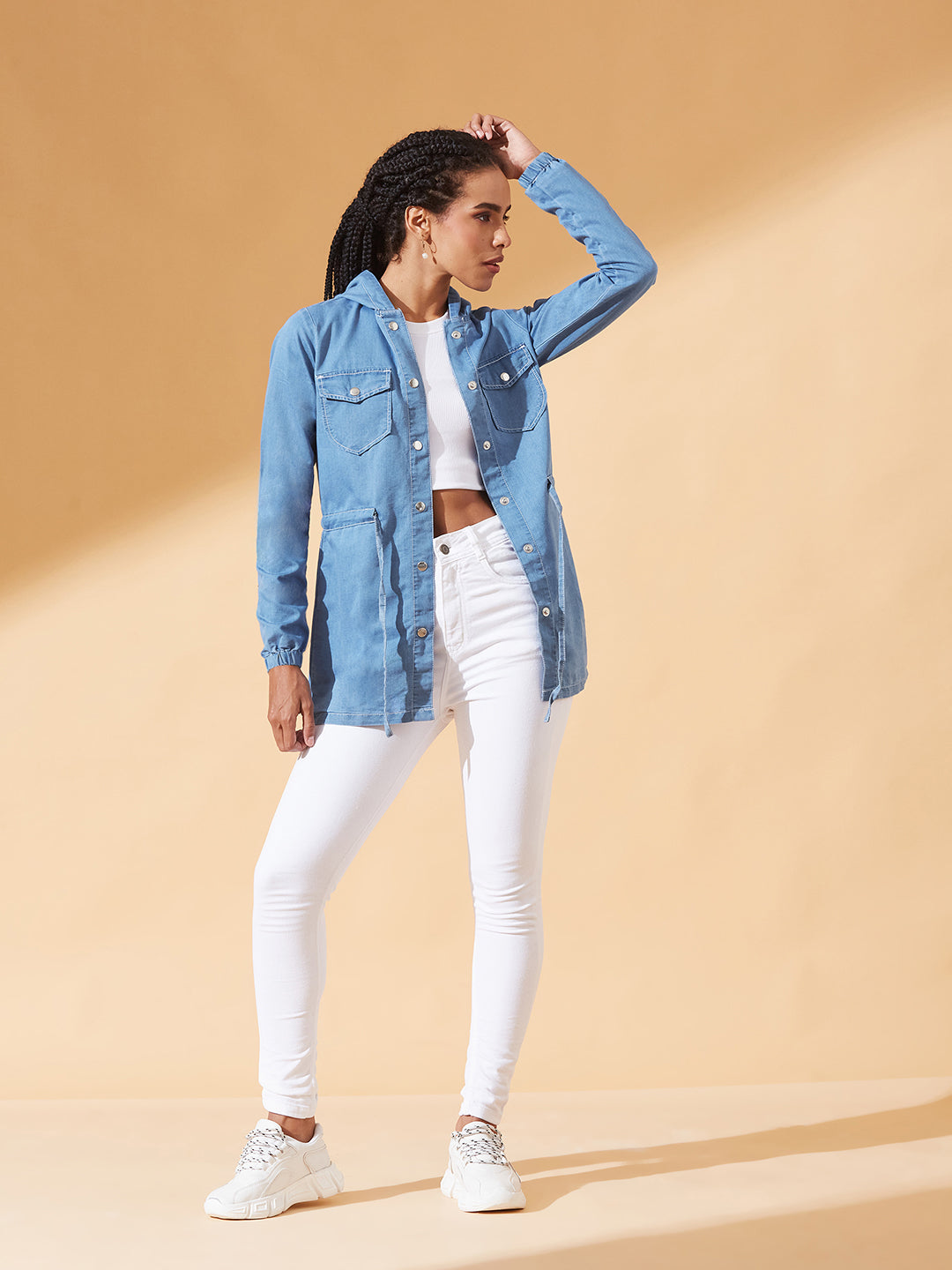 Light-Blue Round Neck Full Sleeve Solid Long hoodie with tie-up Regular Jacket for Women