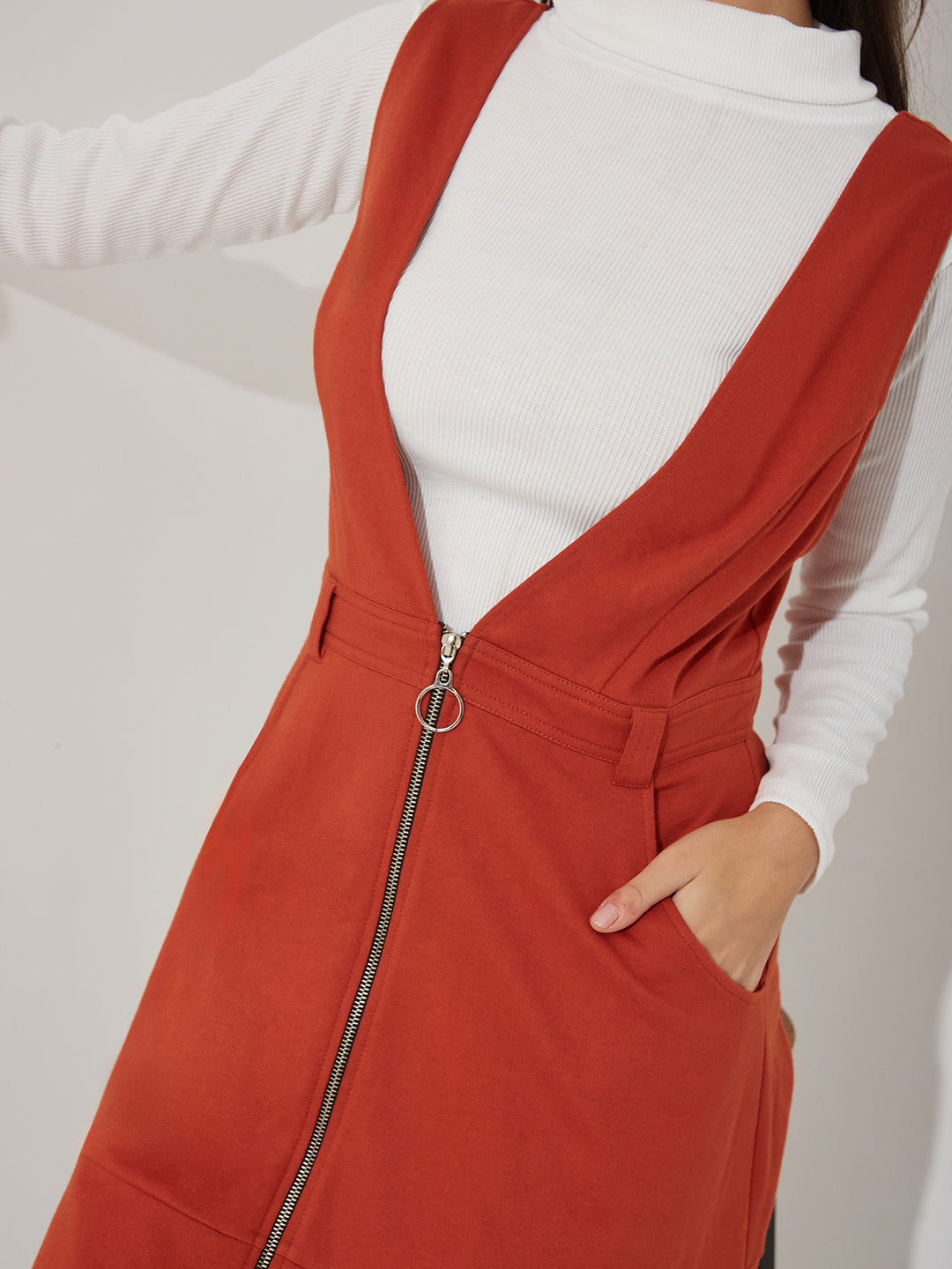 Rust Solid Polyester Pinafore Dress with Zipper Detail and Side Pockets for Women — Miss Chase