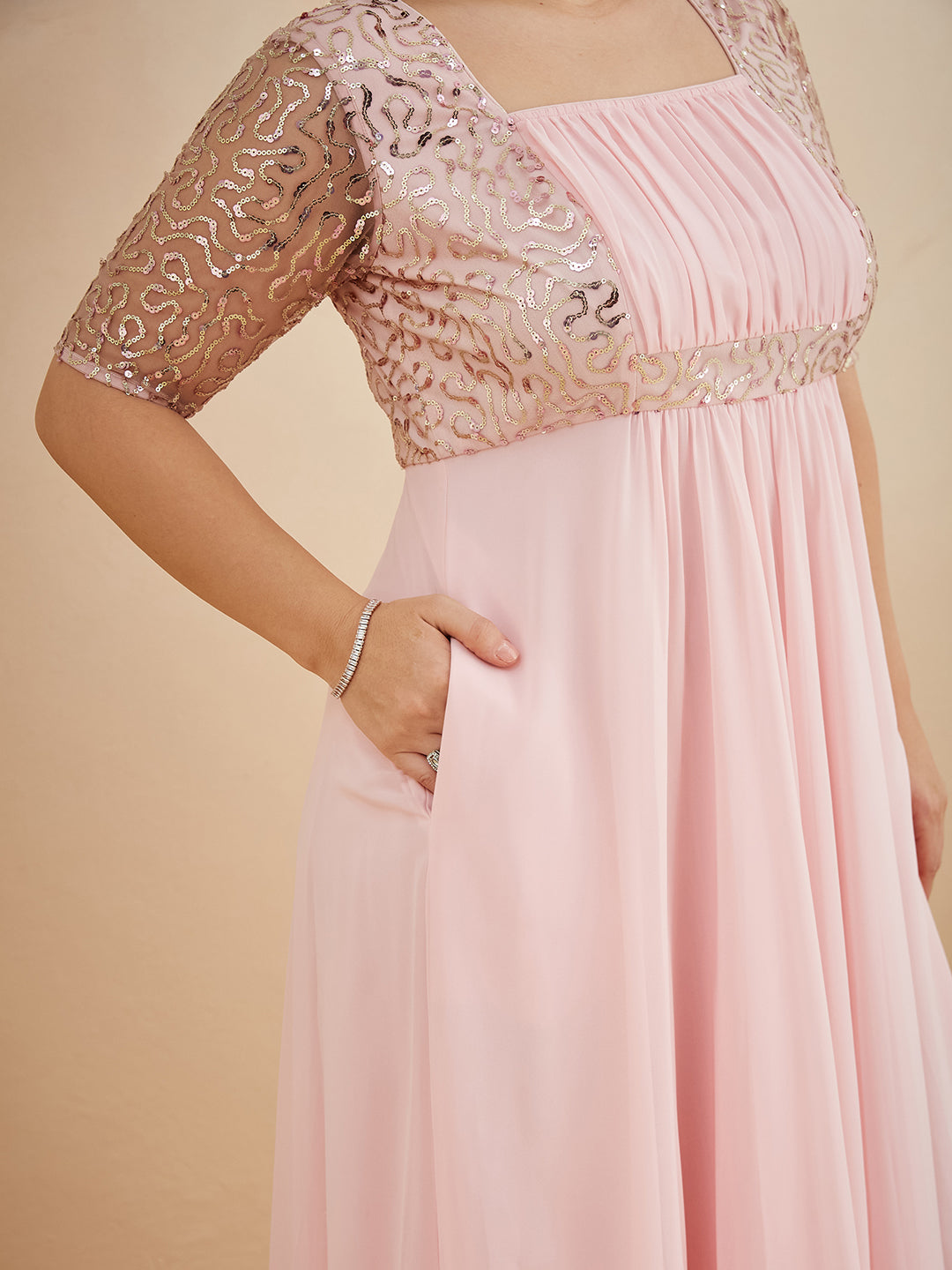 Dusty Pink Square Neck Half Sleeve Solid Embellished Maxi Dress for Women — Miss Chase A+
