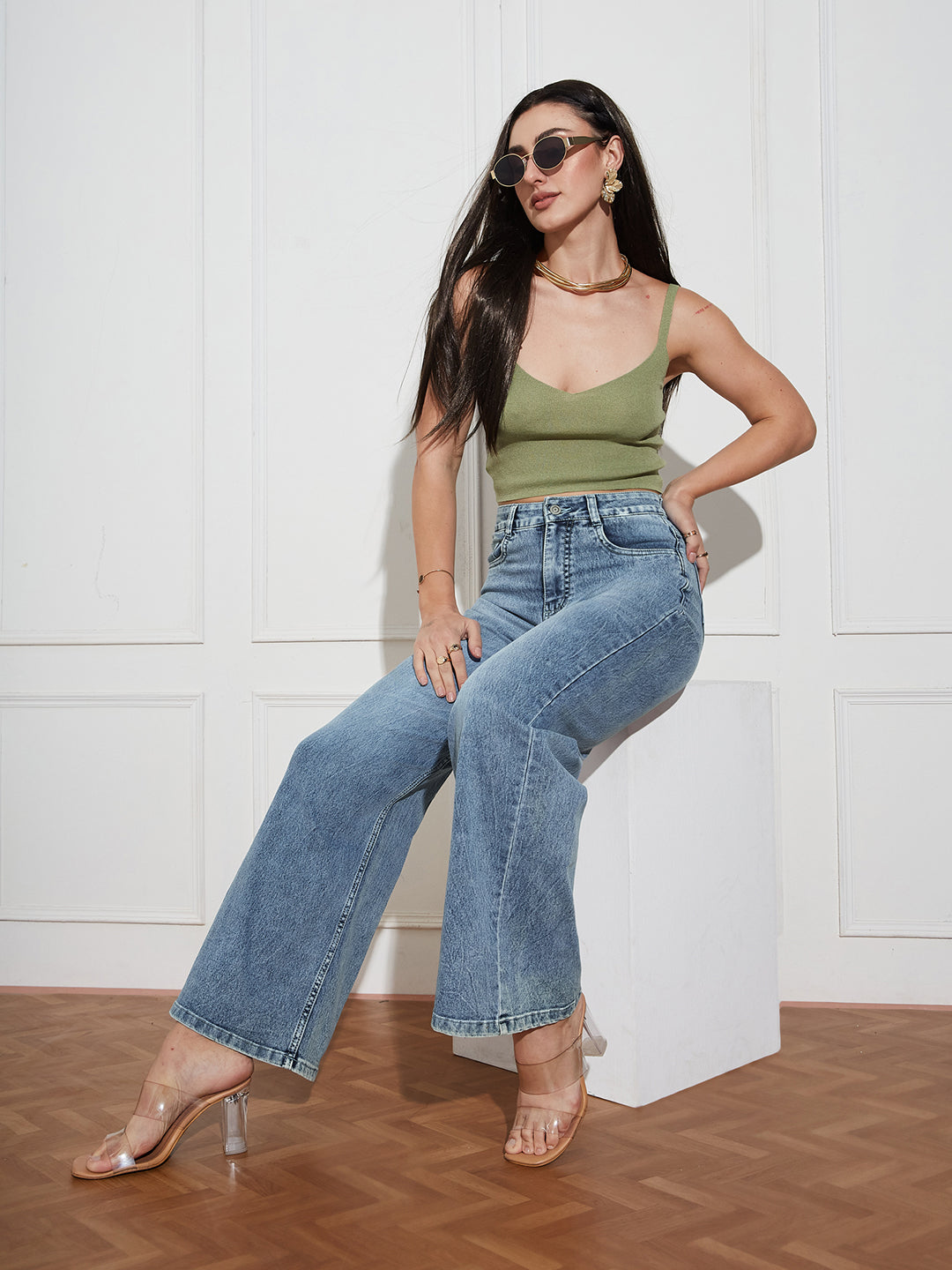 CHASEshape™ Women's Light Blue High Rise Clean Look Regular-Length Stretchable Denim Wide Leg Shaping Jeans