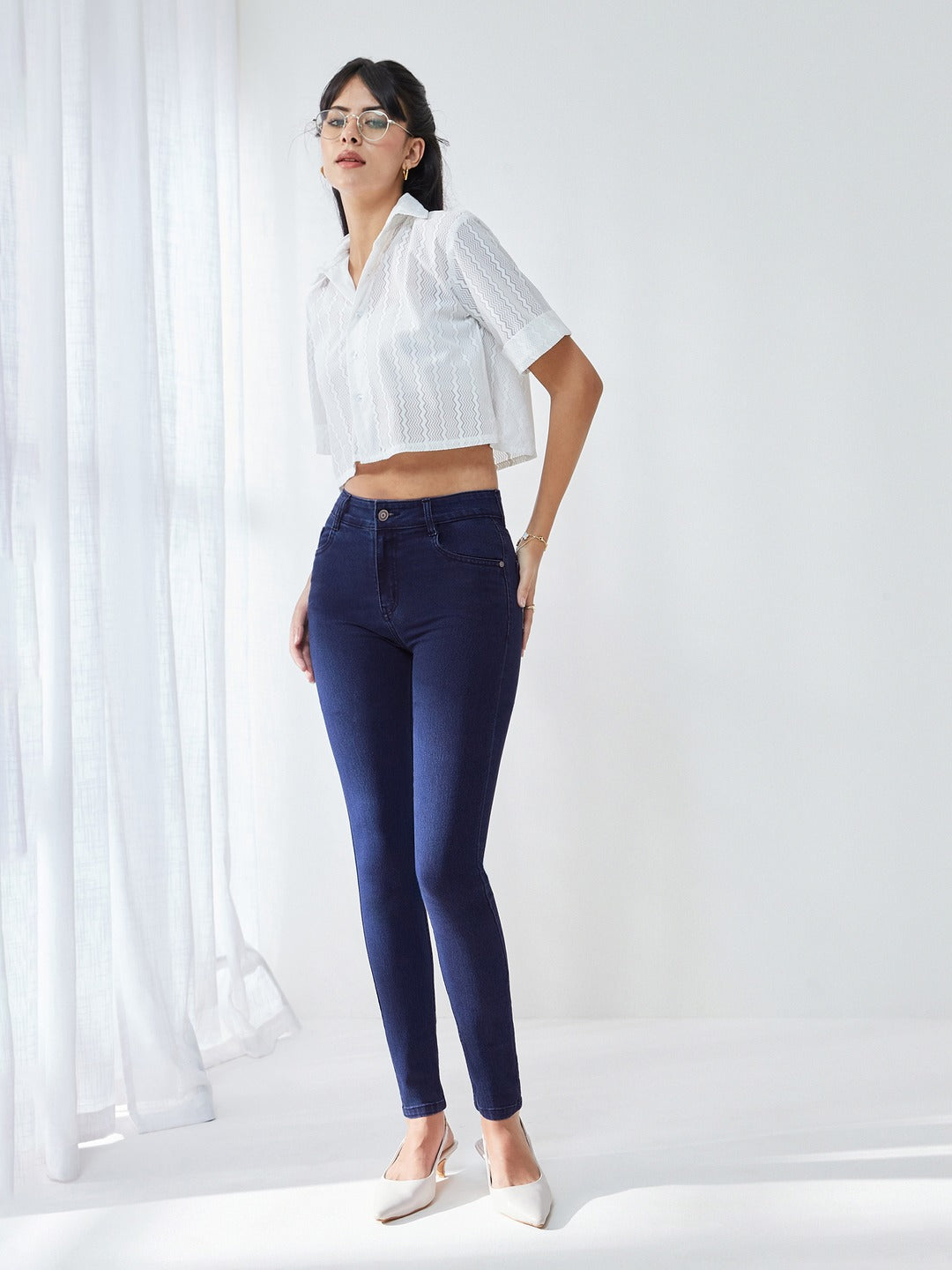 Navy Blue Printed Fabric Detailing Skinny Fit Mid Rise Denim Stretchable Jeans for Women