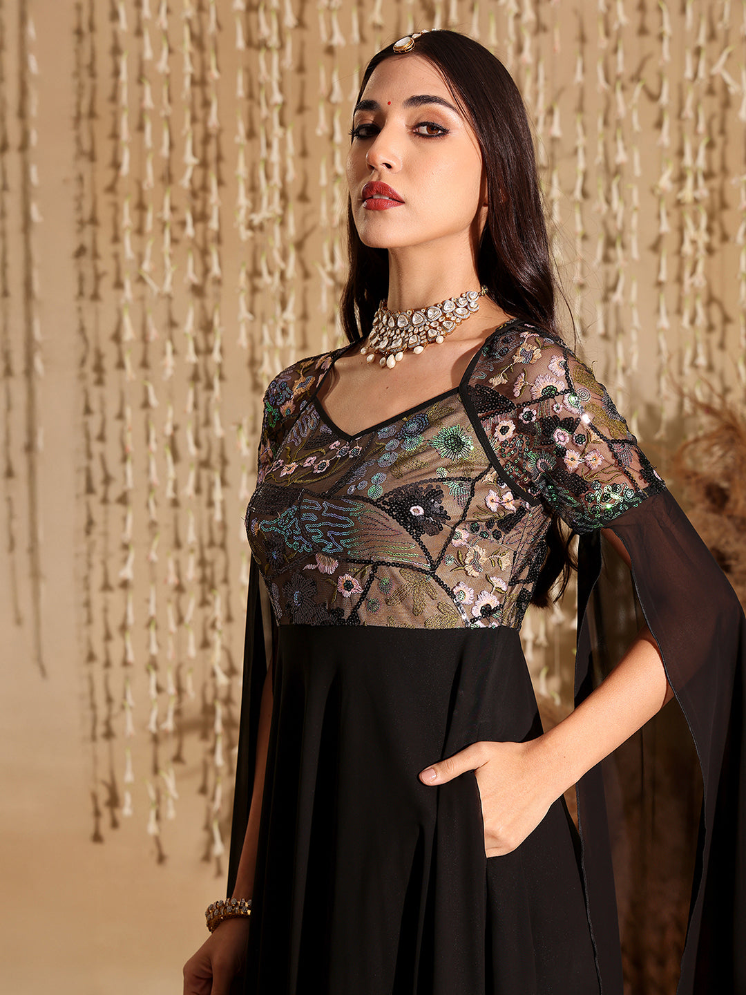 Women's Black Sweet-Heart Full Sleeve Embellished Slit Sleeve Maxi Georgette Dress