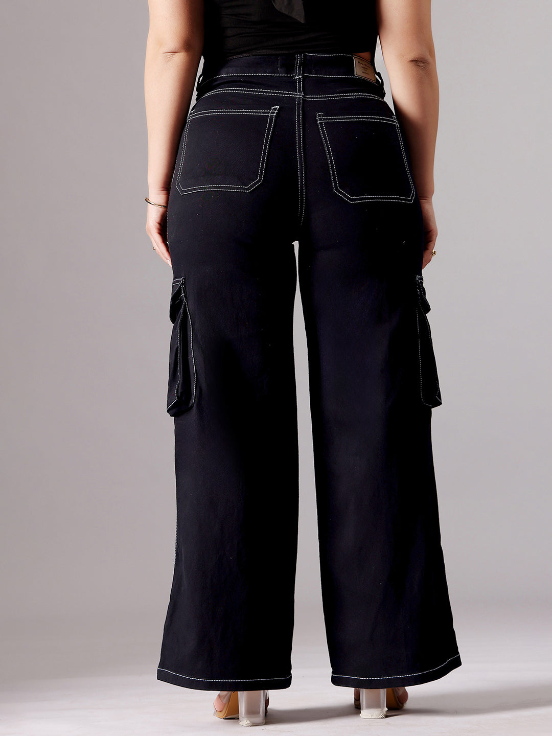 24/7 Comfort Black Wide-Leg High-Rise Clean-Look Regular-Length Stretchable Patch-Pocketed Denim Jeans