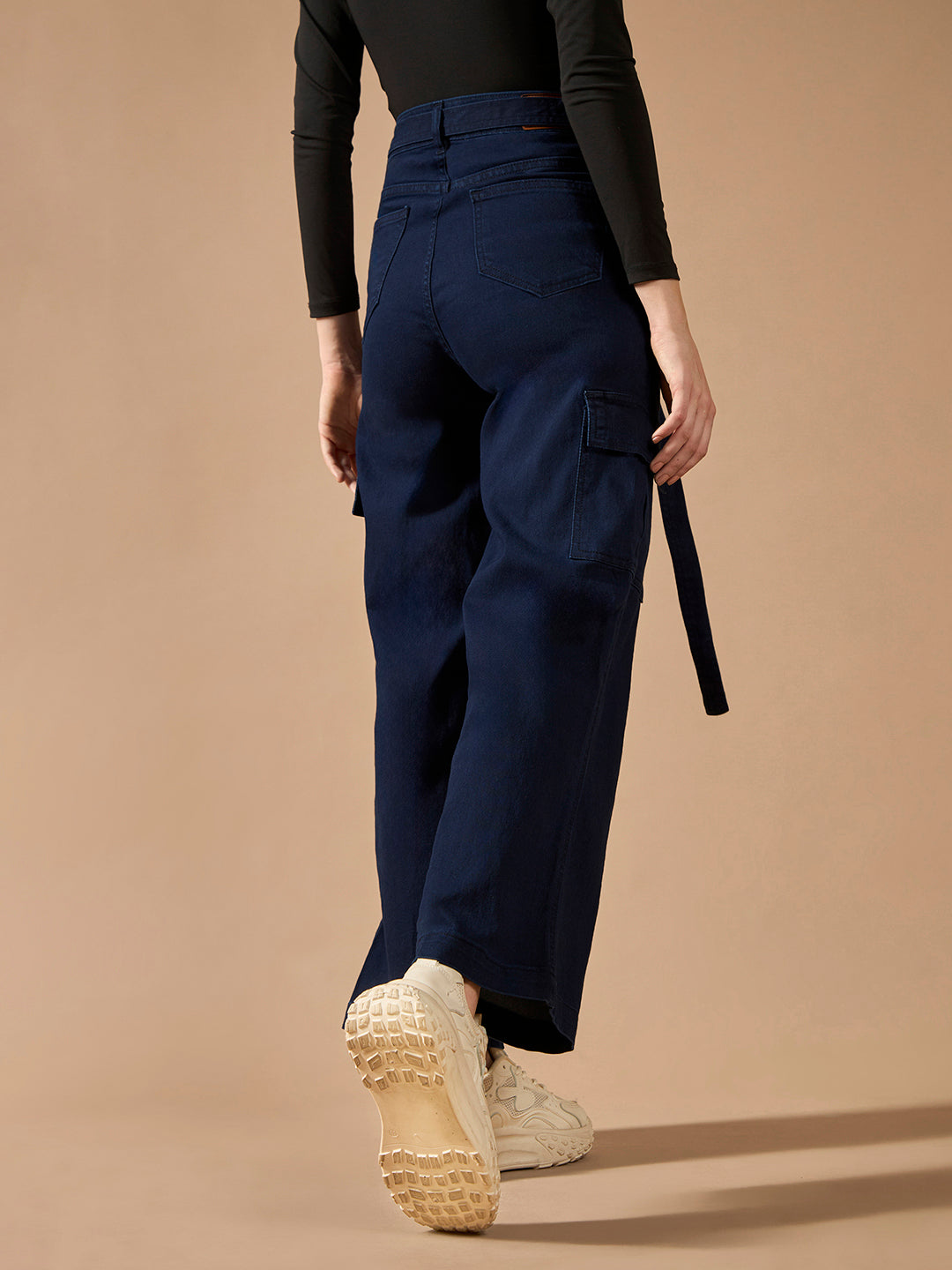 Women's Navy-Blue Wide-Leg High-Rise Stretchable Cargo Denim Jeans