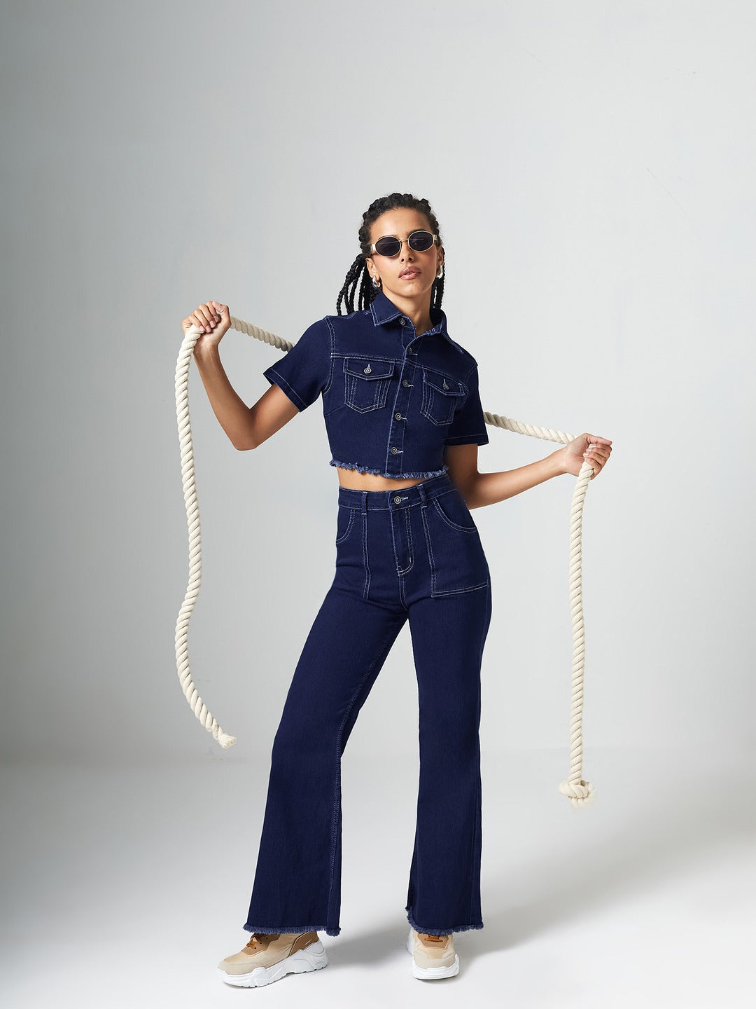 Navy Blue Bootcut High-Rise Clean-Look Cropped Top, Regular Bottom Stretchable Denim Co-Ord Set for Women