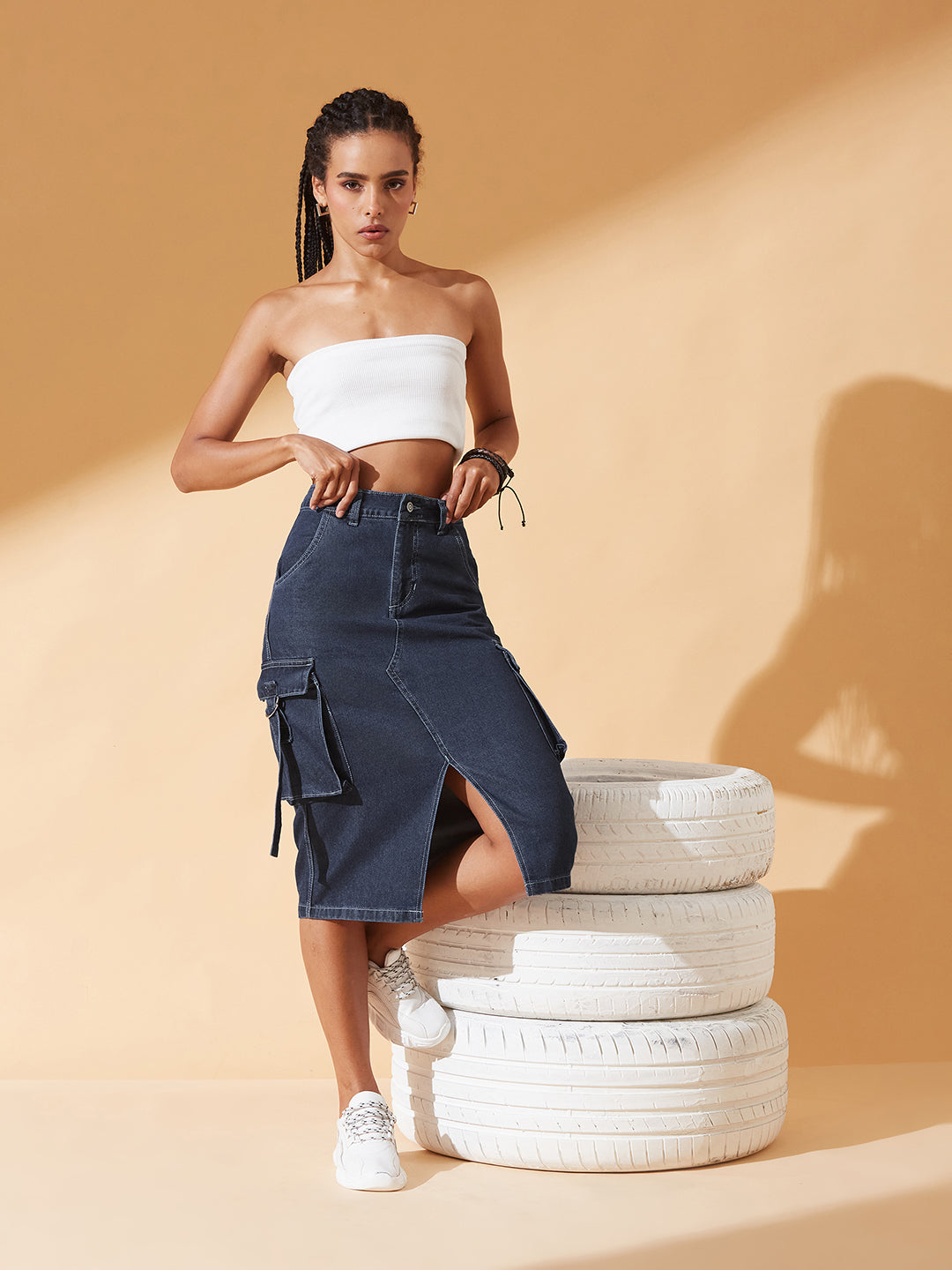 Navy-Blue Straight-Fit High-Rise Midi Denim Skirt for Women