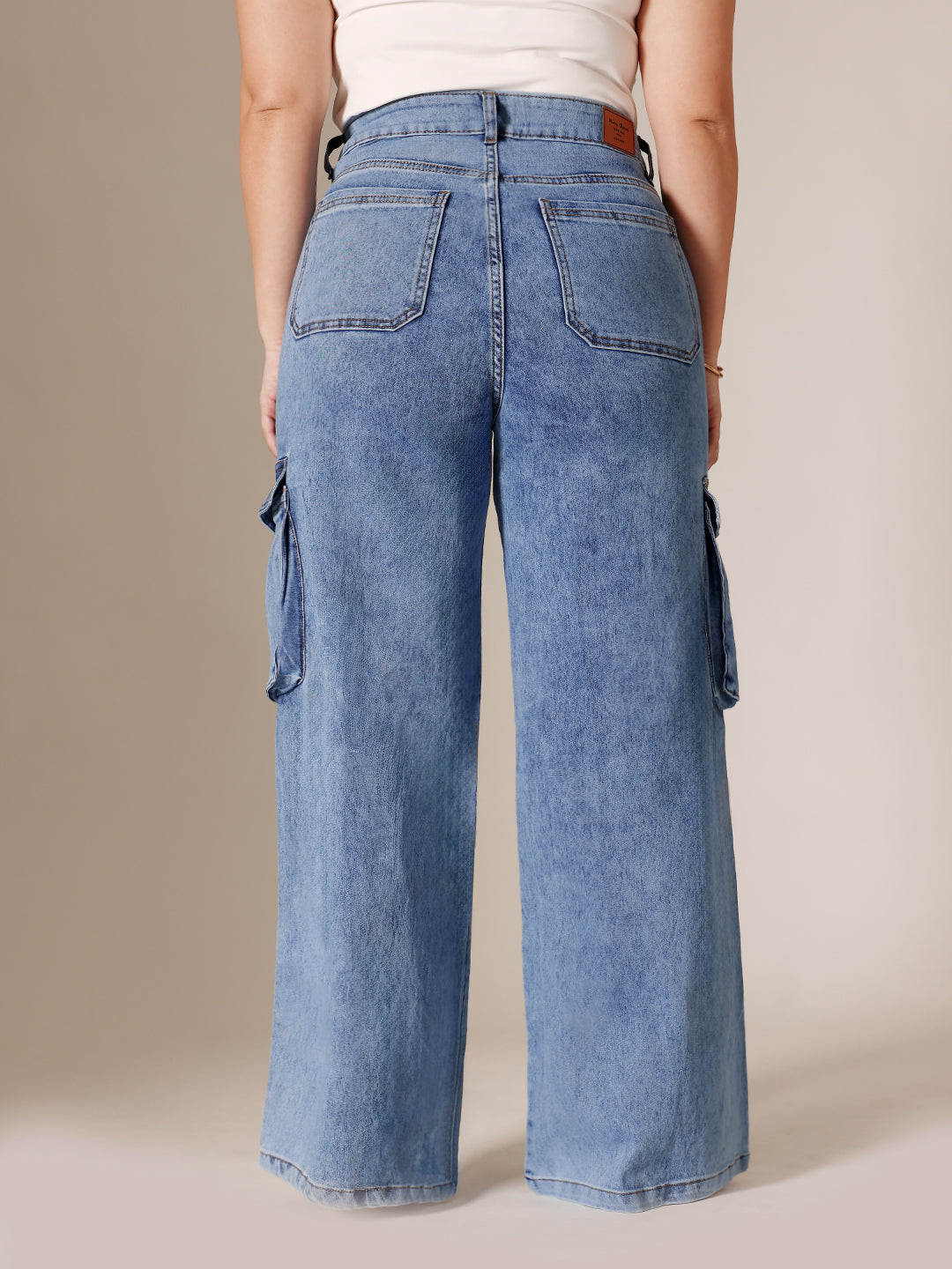Blue Wide-Leg High-Rise Clean-Look Regular-Length Stretchable Patch-Pocketed Denim Jeans for Women