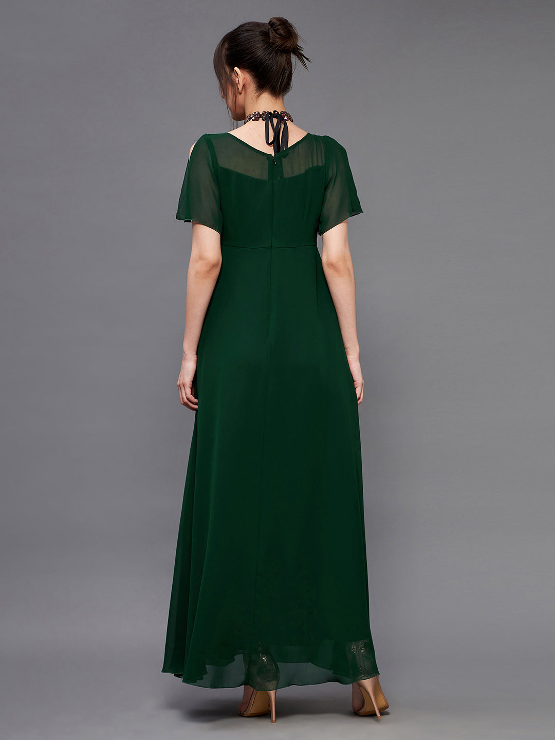 Women's Dark Green Round Short Slit Sleeve Solid Embellished Georgette Maxi Dress