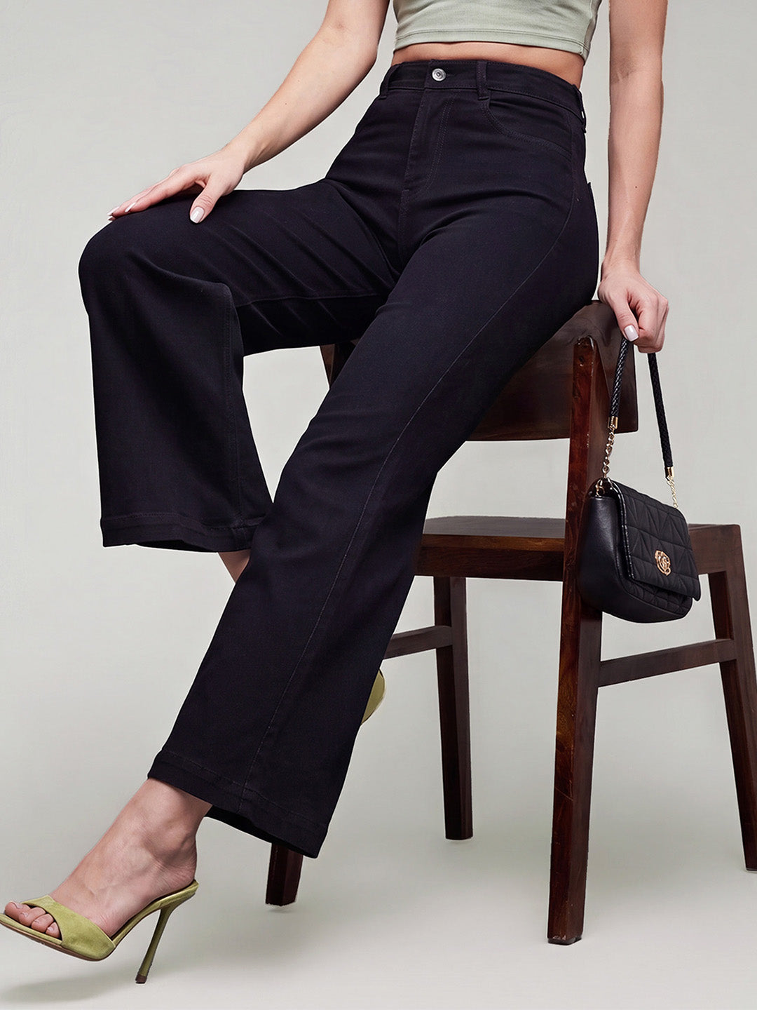 Black Wide Leg High Rise Stretchable Denim Jeans for Women