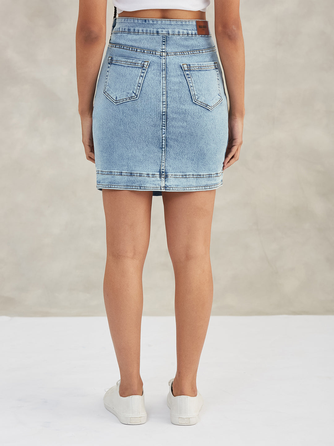 Women's Light Blue High-Rise Above-Knee Stretchable Denim Skirt