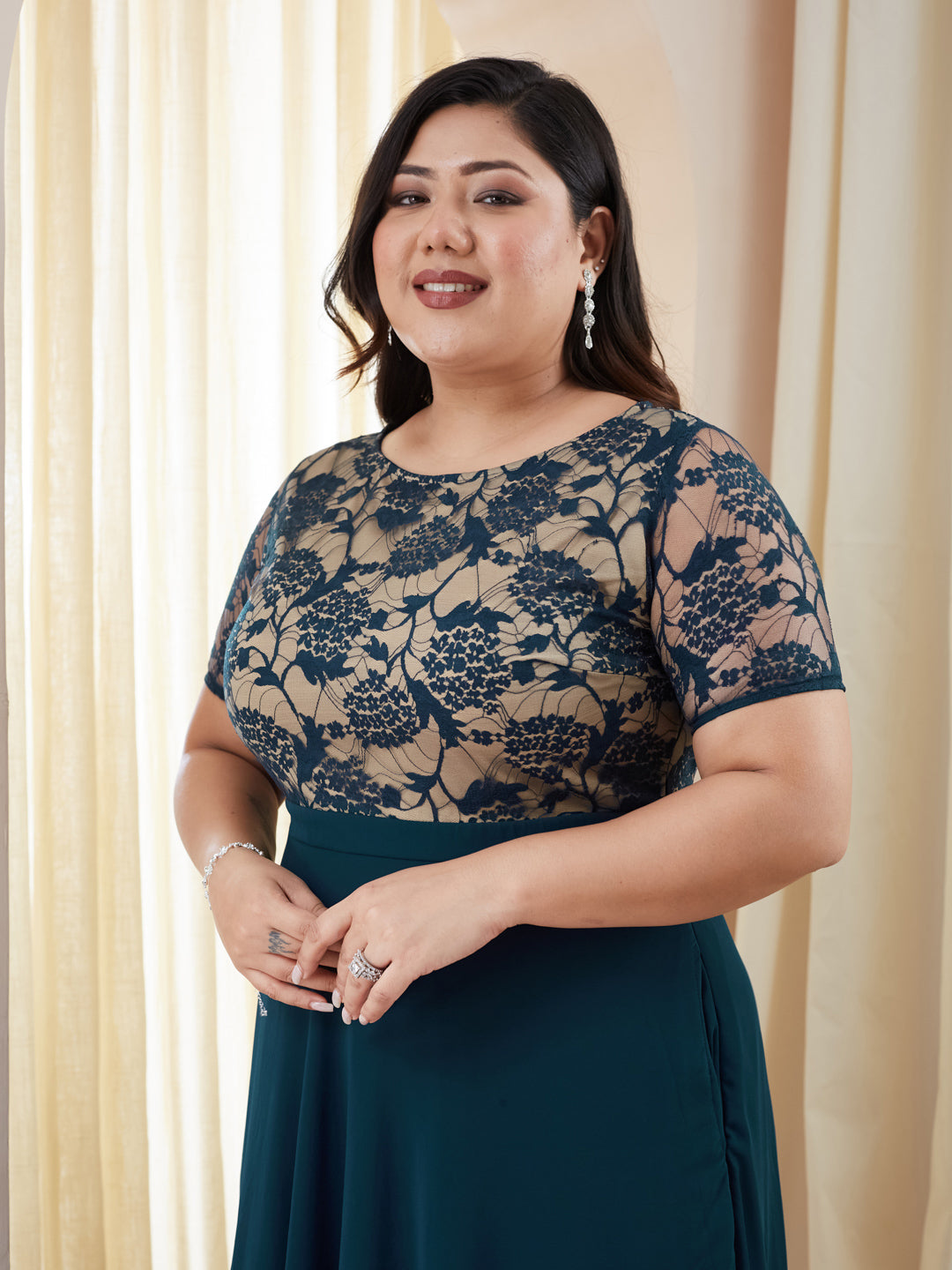 Teal Round Neck Half Sleeve Self Design Fit & Flare Georgette Maxi Dress for Women