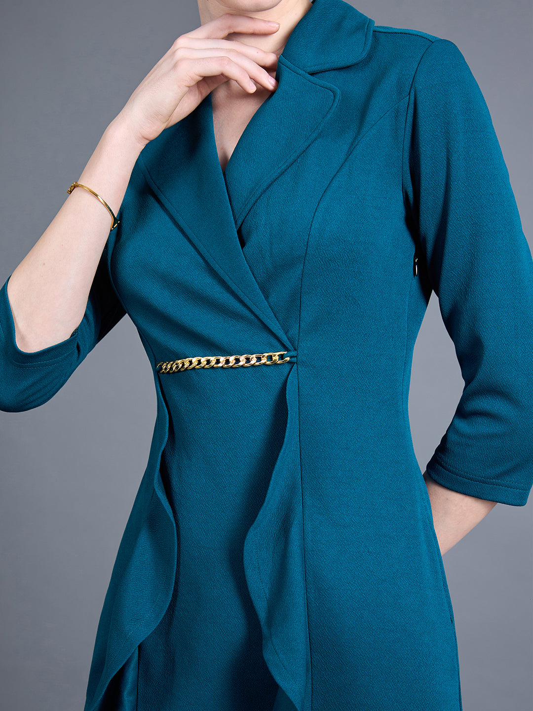 Women's Teal Solid Notched Collar 3/4 Sleeve Blazer Polyester Knee-Long Dress