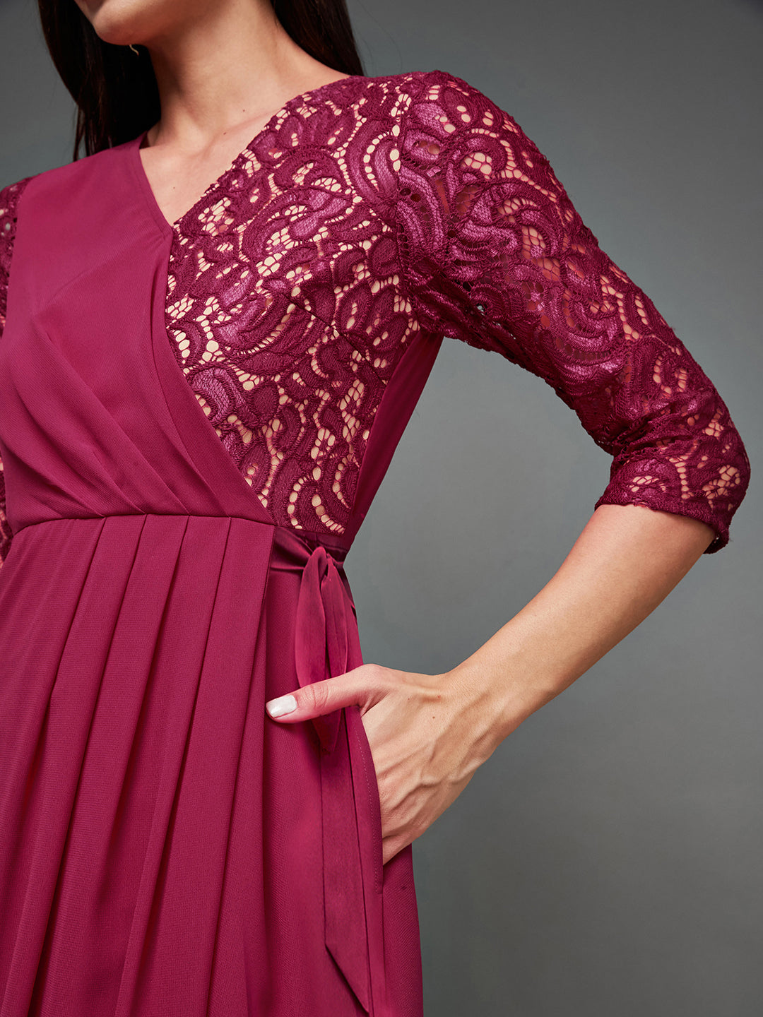 Women's Dark Pink Colored V-Neck Three-Quarter Sleeve Self-Designed Wrap Maxi Georgette Dress