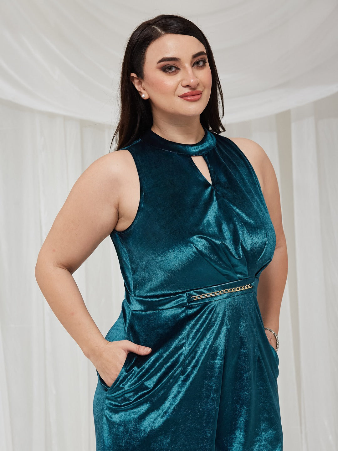 Teal Choker Neck Sleeveless Solid Pleated Regular Jumpsuit for Women — Miss Chase A+