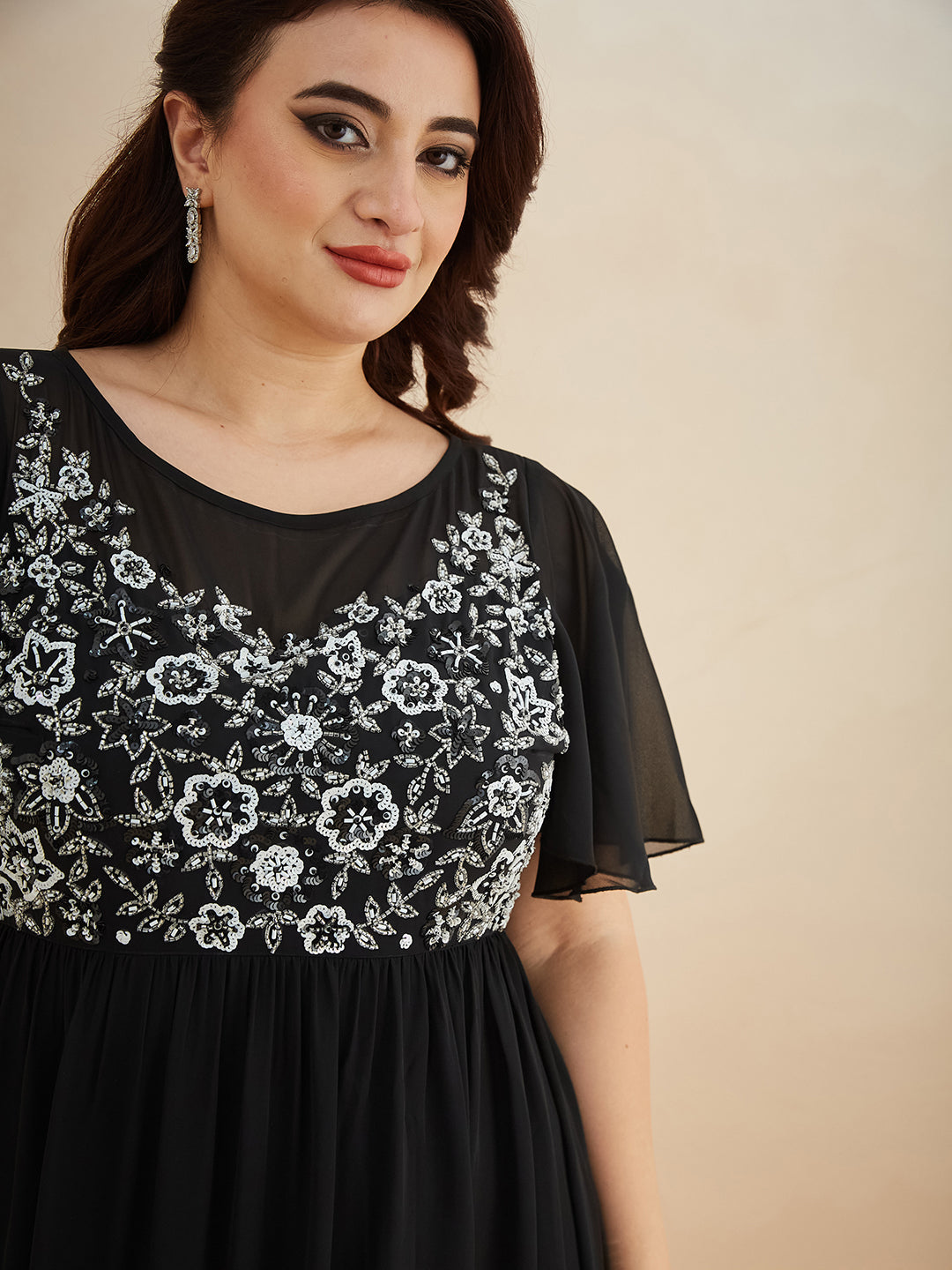 Black Embellished Gathered Maxi Dress for Women — Miss Chase A+
