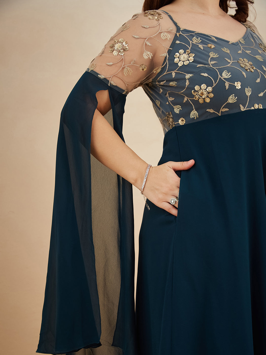 Teal V-Neck Full Sleeve Embroidered Fit & Flare Georgette Maxi Dress for Women — Miss Chase A+