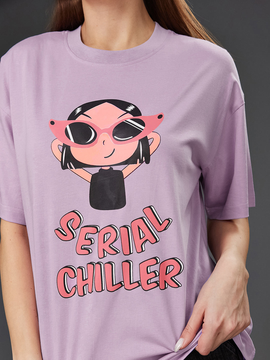 Women's Lavender Round Neck Half-Sleeve Cartoon-Printed Regular-Length Oversized Cotton T-Shirt