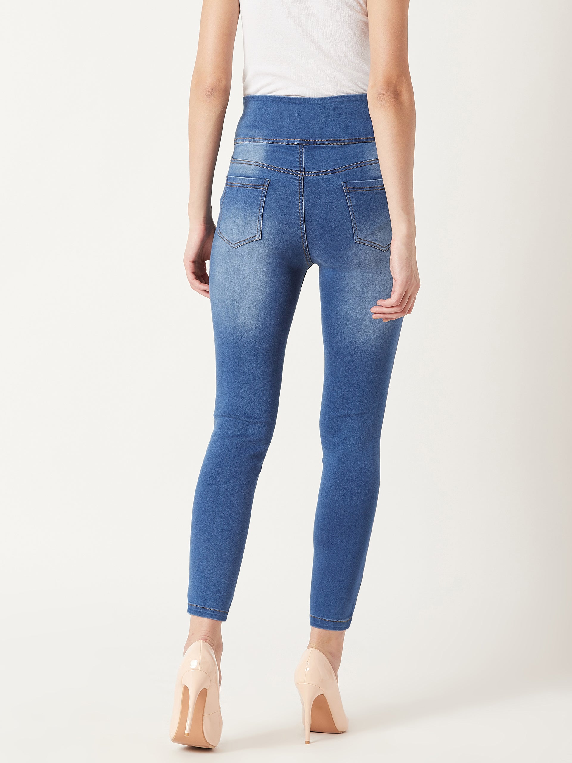 Women's Blue Super Skinny High-Rise Clean-Look Blast Effect Regular Length Stretchable Denim Jeggings