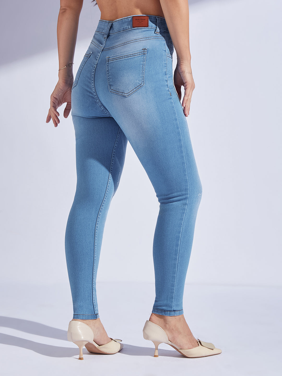 Women's Blue Skinny High-Rise Mild-Distress Regular Stretchable Denim Jeans