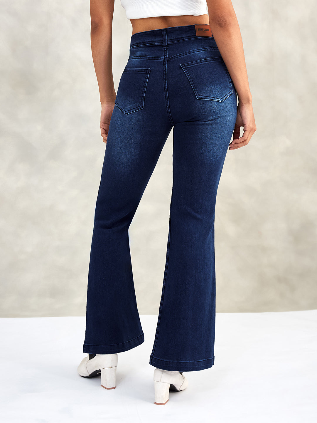 Women's Navy Blue High-Rise Stretchable Flared Denim Jeans