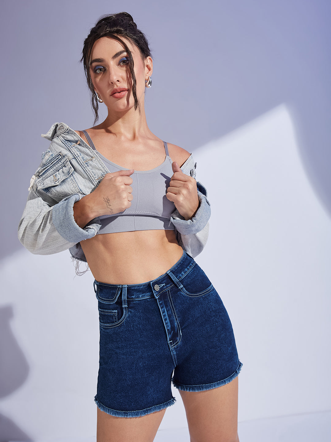 Navy-Blue Relaxed Fit High-Rise Stretchable Denim Faded Shorts for Women