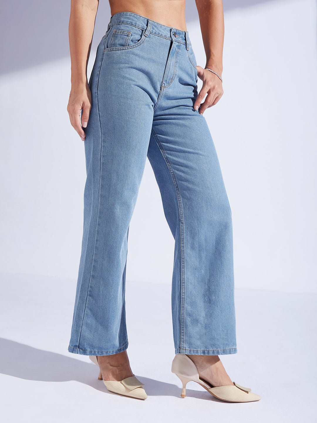Women's Light Blue Wide-Leg High-Rise Clean-Look Regular-Length Non-stretchable Denim Jeans