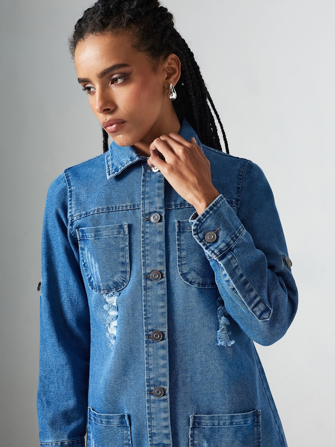 Navy Blue Solid Polo Neck Full Sleeves Patch Pocket Denim Overcoat Knee-Length Jacket for Women