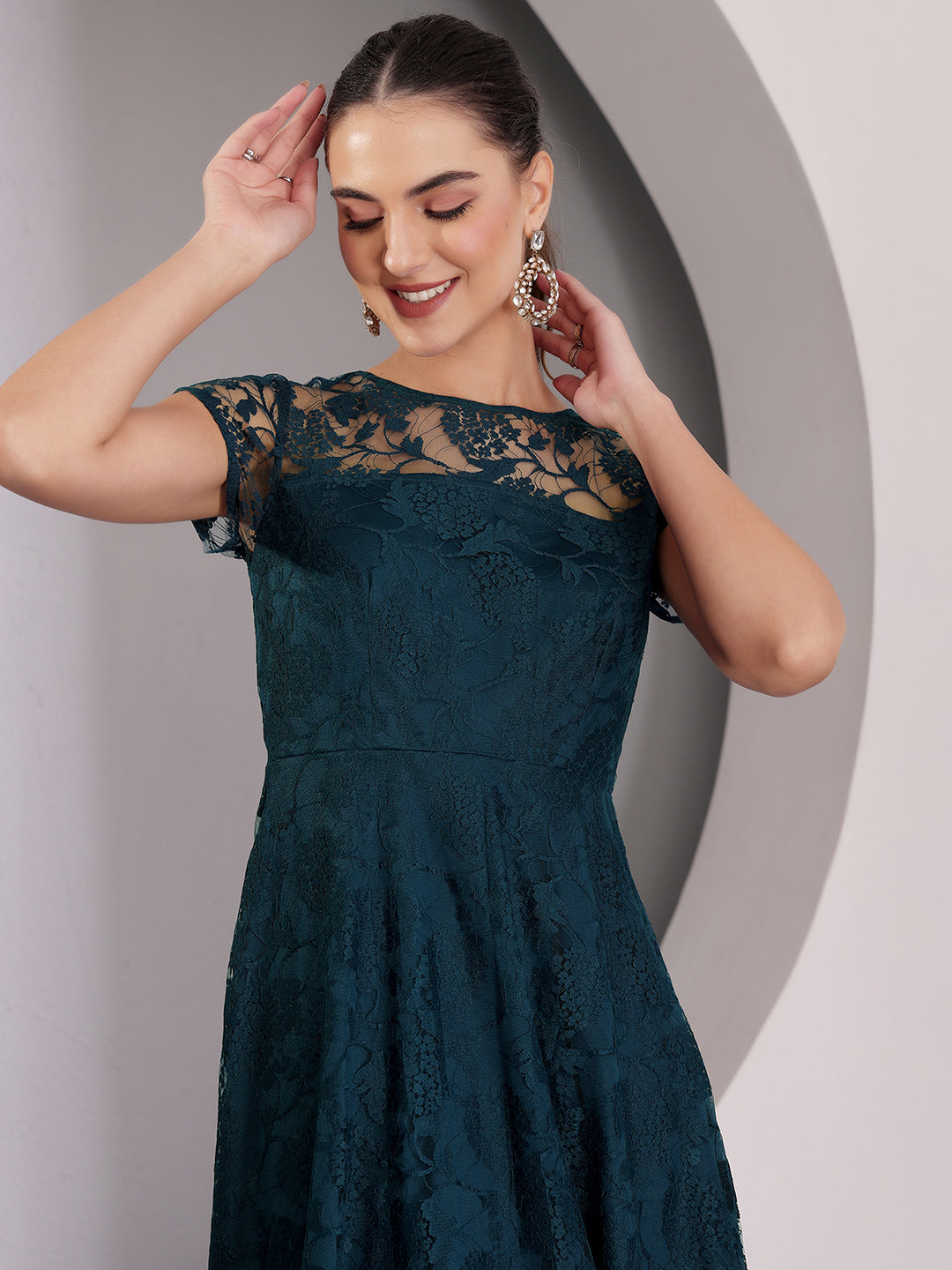 Women's Teal Round Neck Cap Sleeve Self-Designed Skater Mini Dress
