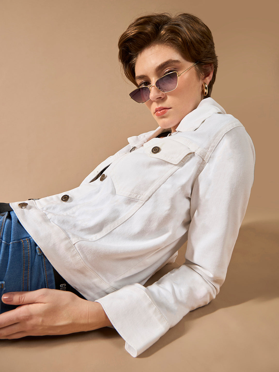 Women's White Polo Neck Full Sleeves Denim Solid Cropped Jacket