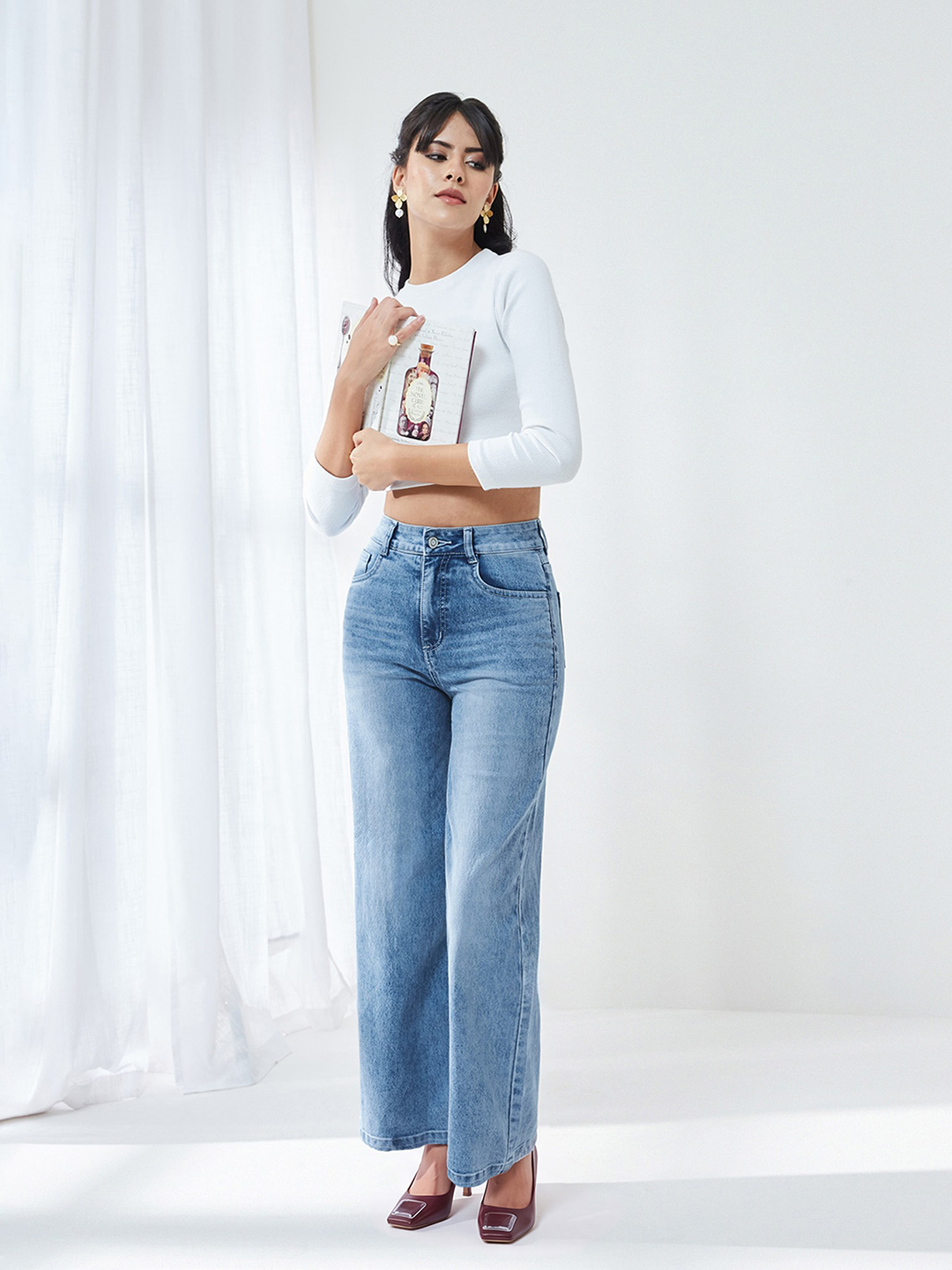 CHASEshape™ Light Blue Wide-Leg High Rise Clean Look Regular Length Stretchable Jeans for Women