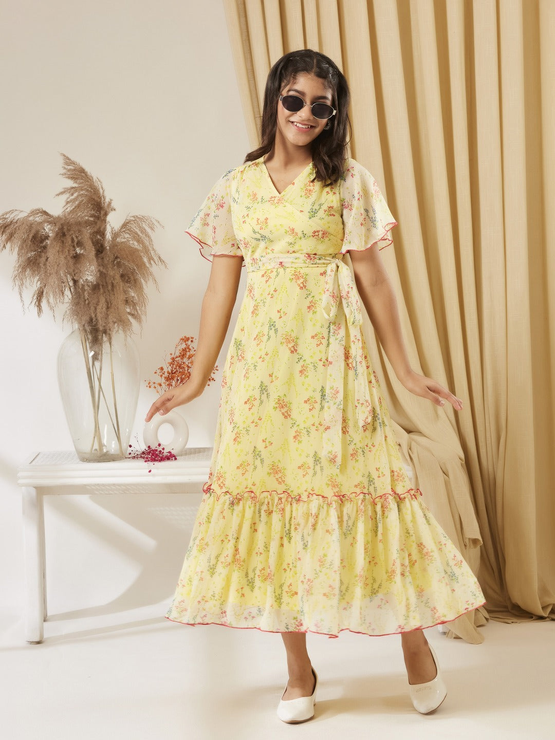 Yellow V Neck Flared Sleeve Floral Wrap Maxi Dress for Girls/Teenagers