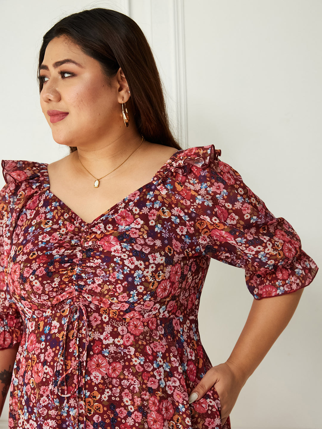 Body Bliss Multicolored-Base-WineFloral Ruching Ankle-Length Dress