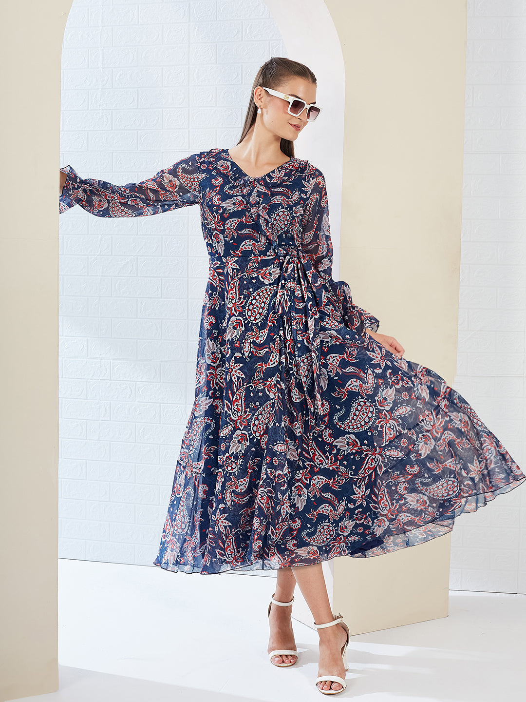 Navy Blue V Neck Full Sleeves Polyester Relaxed Fit Midi Length Dress for Women