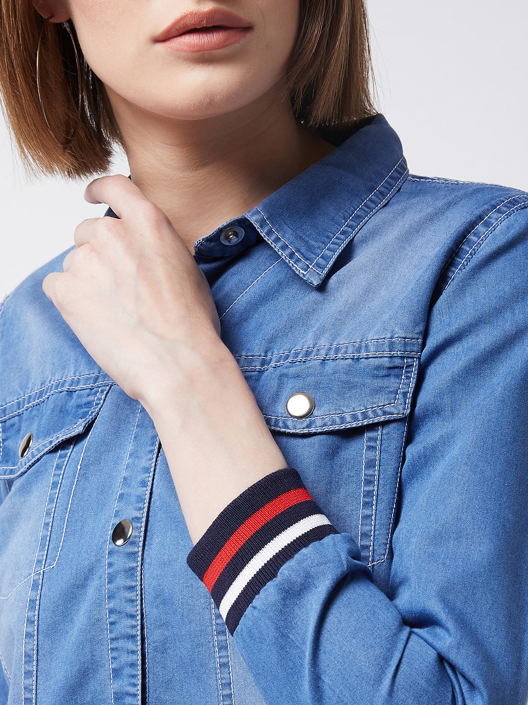 Women's Blue Polo Neck Full Sleeves Solid Buttoned Rib Detailing Denim Bomber Jacket