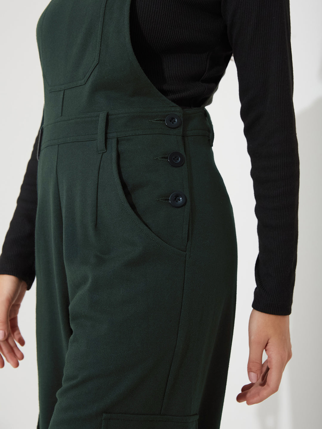 Women's Bottle-Green Square Neck Sleeveless Solid Wide Leg Full Length Cotton Dungaree