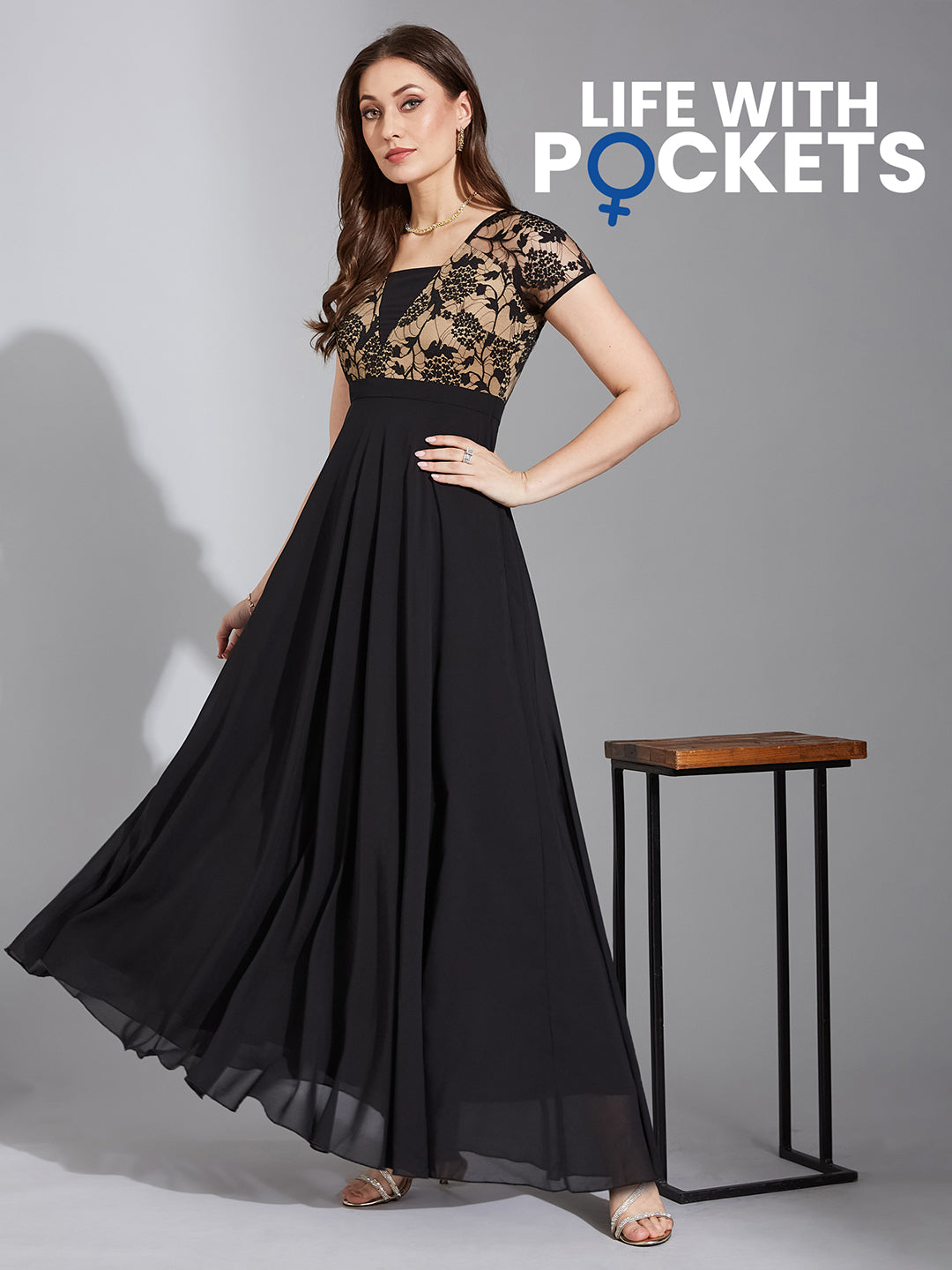 Black Short Sleeves Lace Fit and Flare Maxi Dress Long Dress Frock for Women
