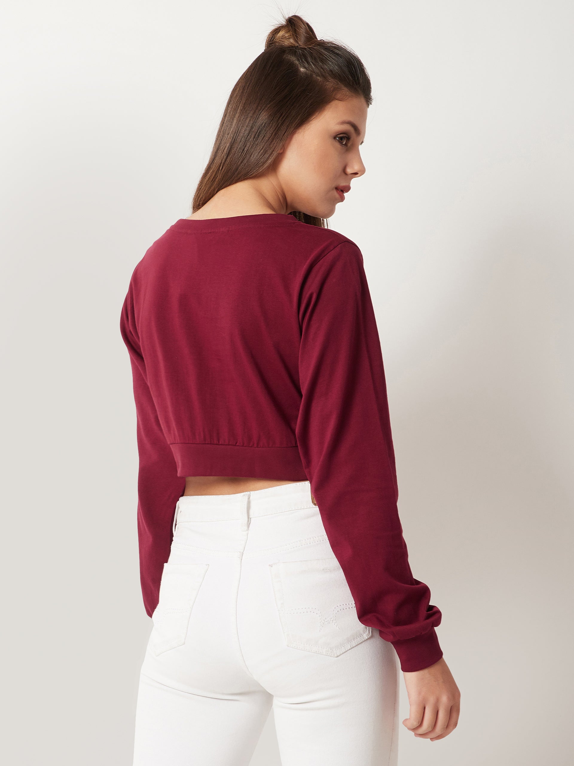 Women's Maroon Round Neck Full Sleeve Cotton Solid Pompom Detailing Boxy Crop Top