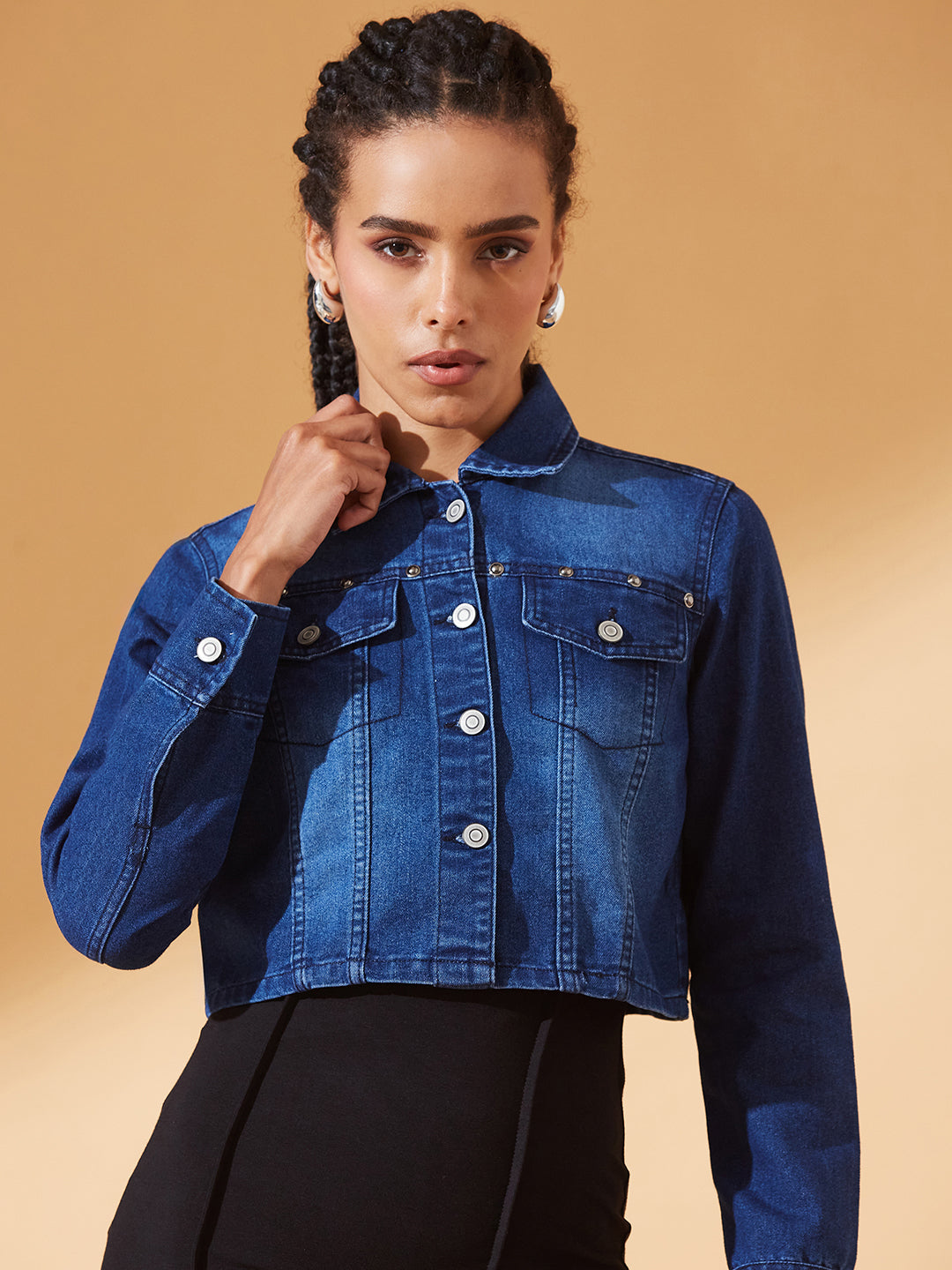 Navy-Blue Solid Polo Neck Full Sleeves Buttoned Denim Embellished Cropped Jacket for Women