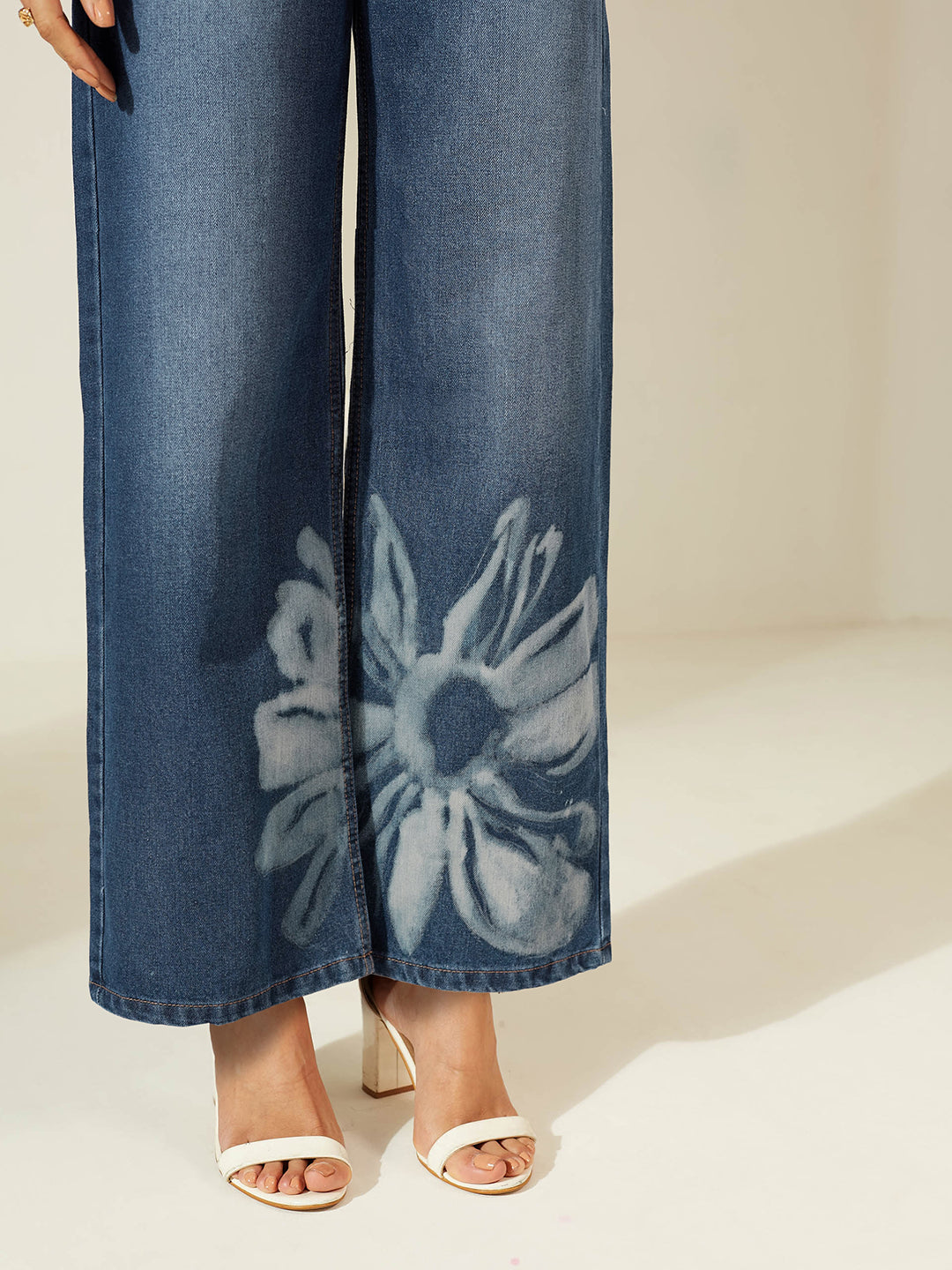 Navy Blue Wide-Leg High-Rise Denim Jeans with Hand-Painted Floral Motif Artwork for Women