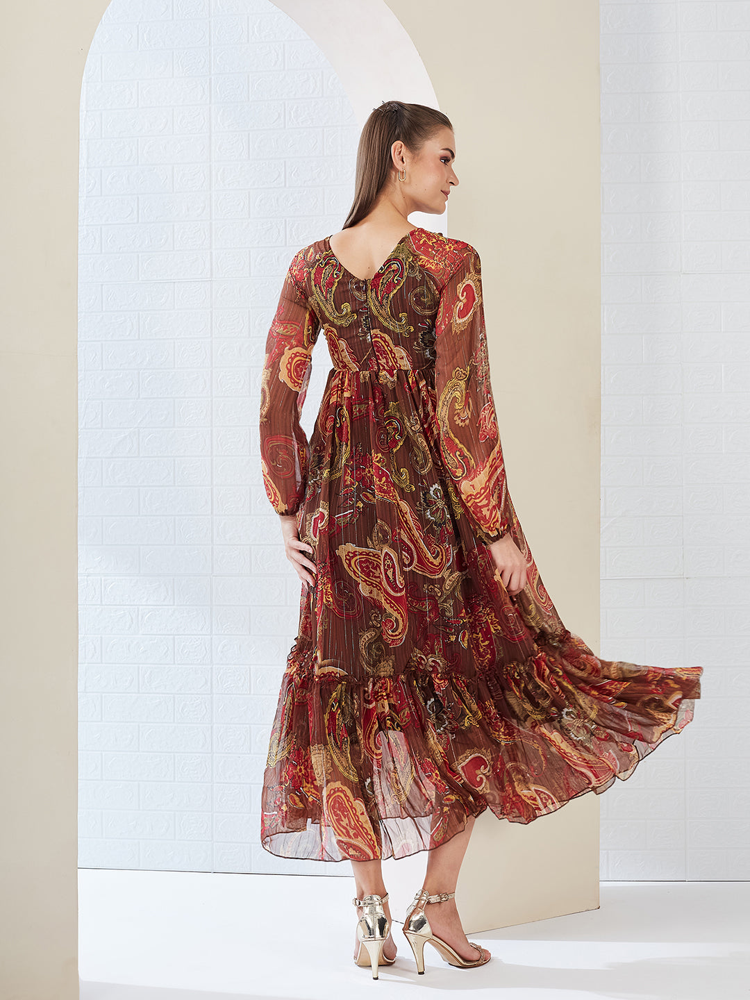 Brown Relaxed Fit Maxi Lurex Chiffon Dress for Women