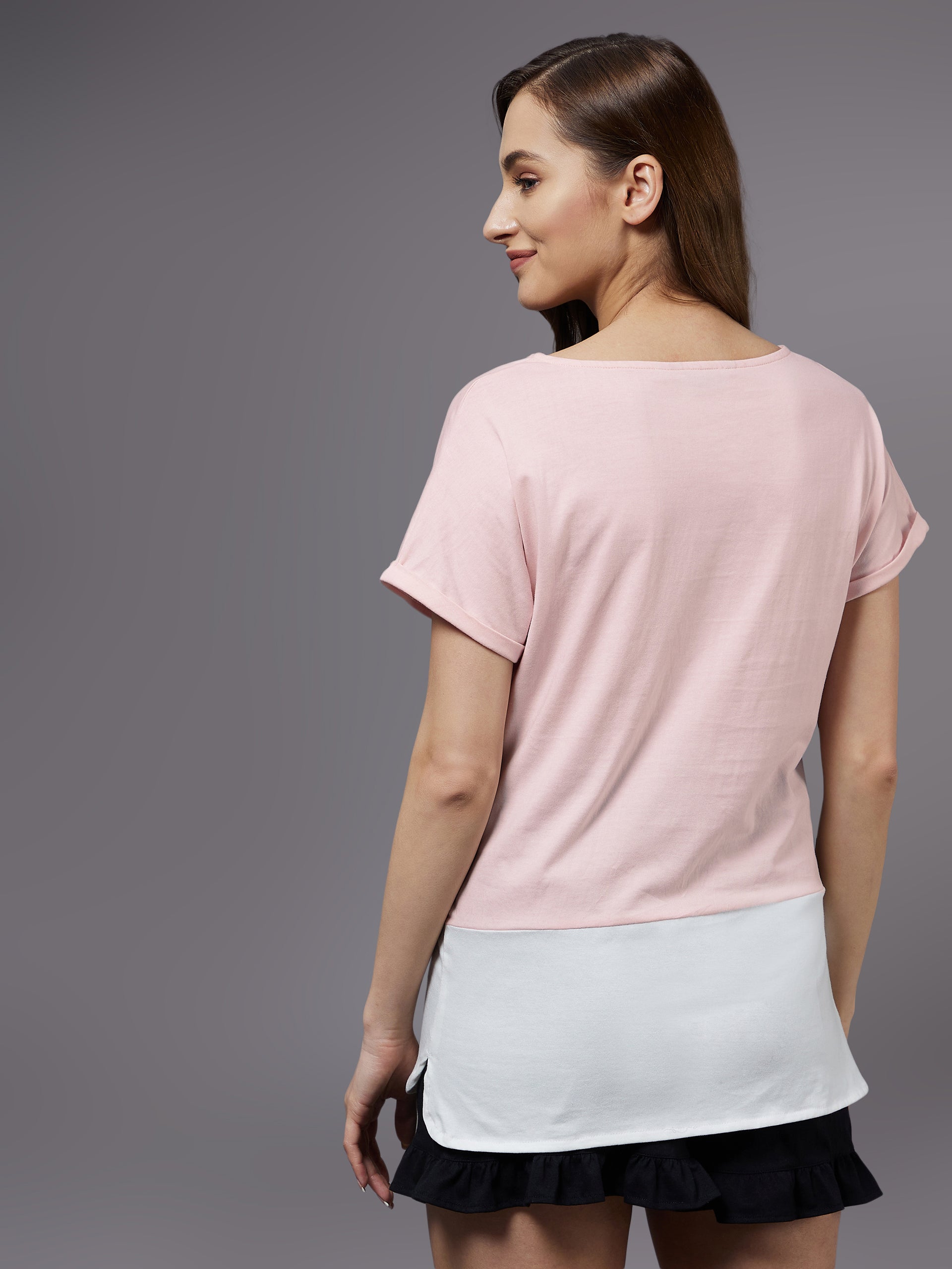 Women's Light Pink Cotton Solid Regular Length Round Neck Short Sleeves Loungewear T-shirt