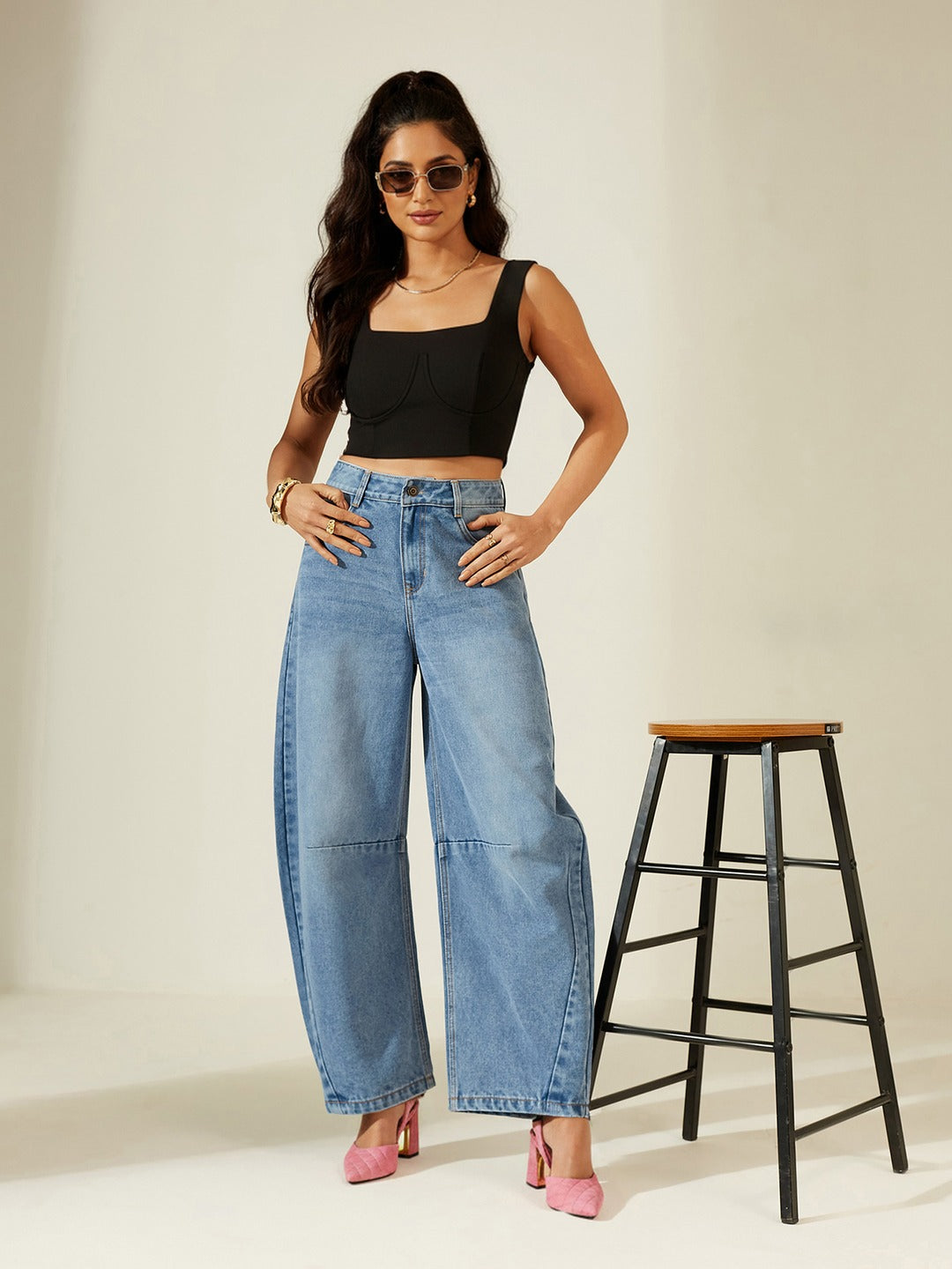 Mid Blue High Rise Barrel Fit Denim Jeans with Whiskering & Knee Dart Detailing for Women