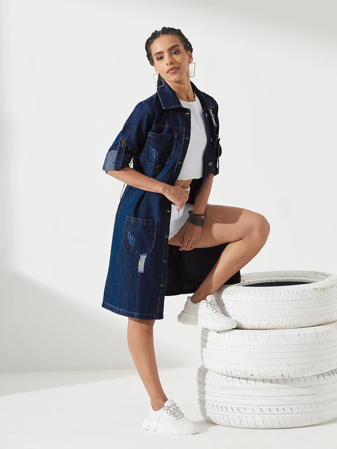 Navy-Blue Solid Polo Neck Full Sleeves Patch Pocket Denim Overcoat Knee-Length Jacket for Women